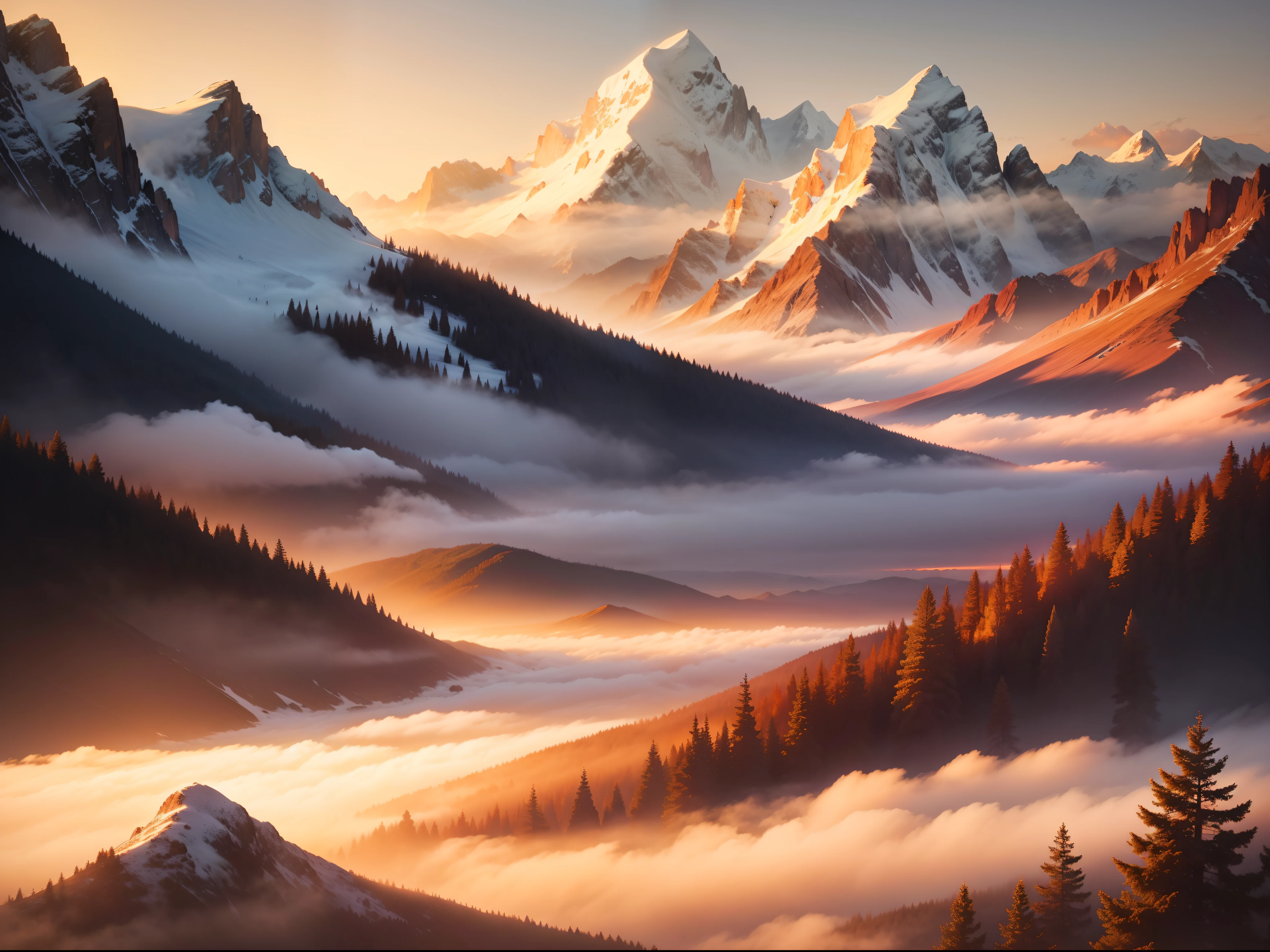 Serene Sunrise Over Misty Mountains: A captivating scene of a soft sunrise casting golden hues over rolling mist-covered mountains, creating a tranquil and breathtaking atmosphere.