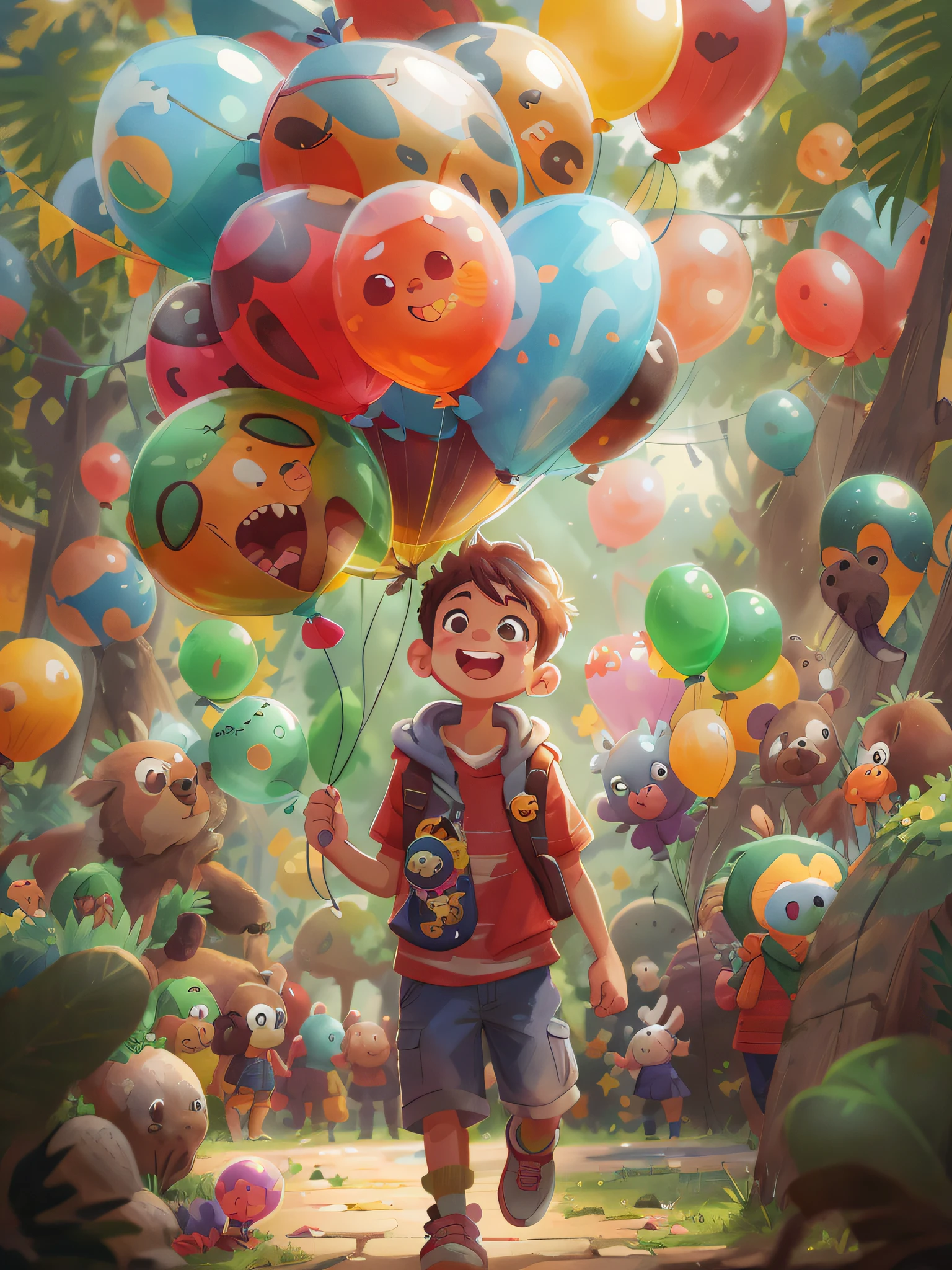 A boy, zoo, many balloons, happy, happy, perfect quality, clear focus (clutter - home: 0.8), (masterpiece: 1.2) (realistic: 1.2) (bokeh) (best quality) (detailed skin: 1.3) (intricate details) (8K) (detail eyes) (sharp focus), (happy)