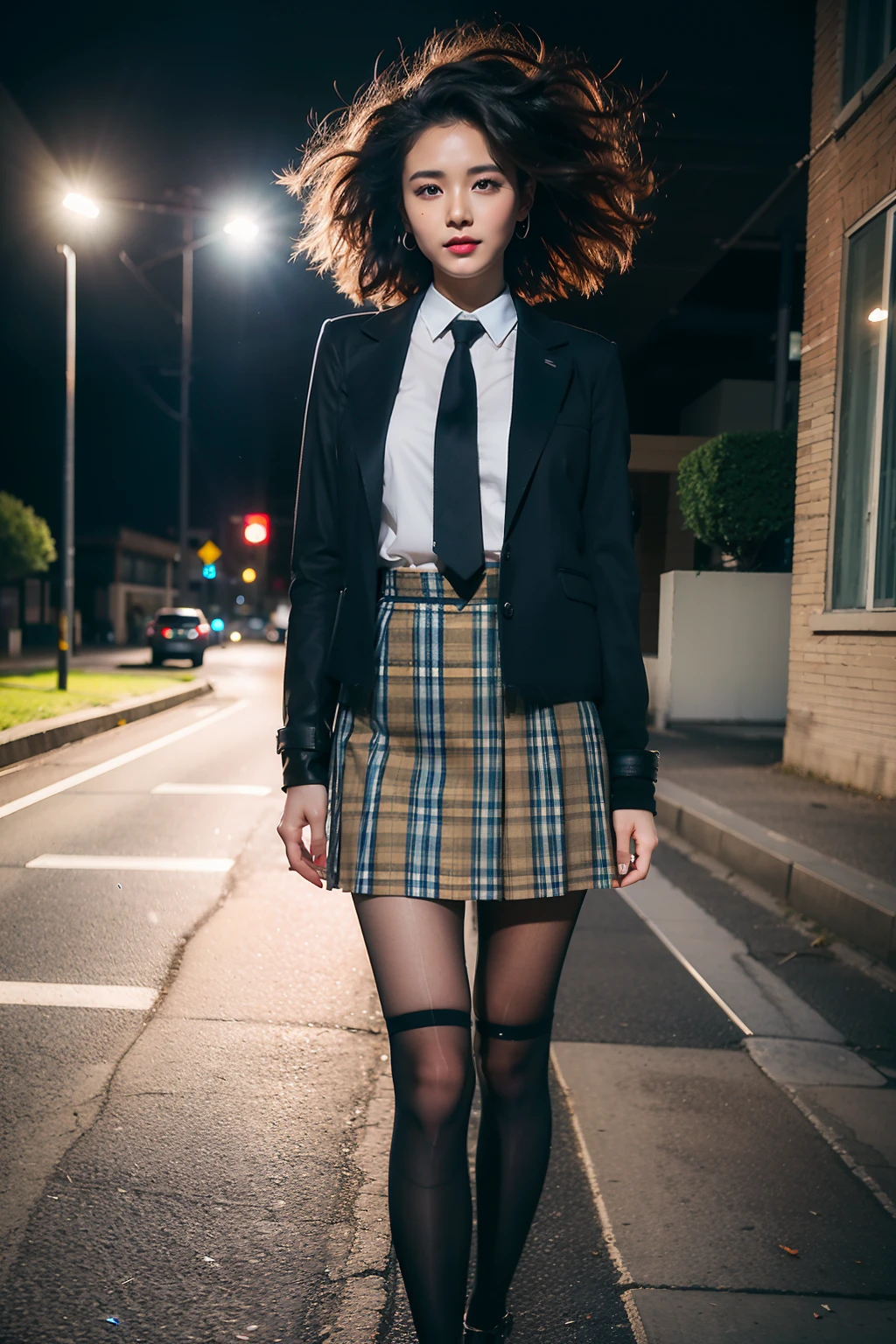 （8K分辨率，Photos above the knee in the distance，offcial art，Unity 8k壁纸，（Magazines：1.3），（FashionMagCover：1.3）Cover of a，boldness，attention-grabbing，titles，Fashionab，typeface，Catchy，titles，more big，smart，modern day，），（1womanl，20yr old，（Facial features of Thai Min：1.8，s delicate face），Lovely face，com rosto detalhado，详细的脸，Jet-black slightly curly hair，（Fluffy and messy, with layers），Redlip，Fair smooth skin，（Casual womenswear：1.4，Black choker，black necktie，blond hairbl，blue skirts，（sleevelessdress（thin and light，breathable），pleatedskirt（obi strip，Delicate satin），The clothes are decorated with flowers，Cardigans，Short waist long version，collared shir，Cowboy photos，Formal shirts，校服，The shirt，a skirt，Loose tie，tiese，nipple piercing，tartan，plaid skirts，pleatedskirt，black lence stockings），Tall and tall，walk，Embrace nature，perfect hand，Ultra-fine clothing material），（Tunnels in the city，Background of night，Exquisite environmental details），（exhilarated，confident smile，Rejoice），（profesional lighting，动态照明），（（Strong color contrast，（black in color，blue colors，red colour））），（Golden section，Cinema lenses，Hasselblad photograp，tmasterpiece：1.3），（trendsetting，focus-on，Fashionab，Dynamic street art，Art platform）