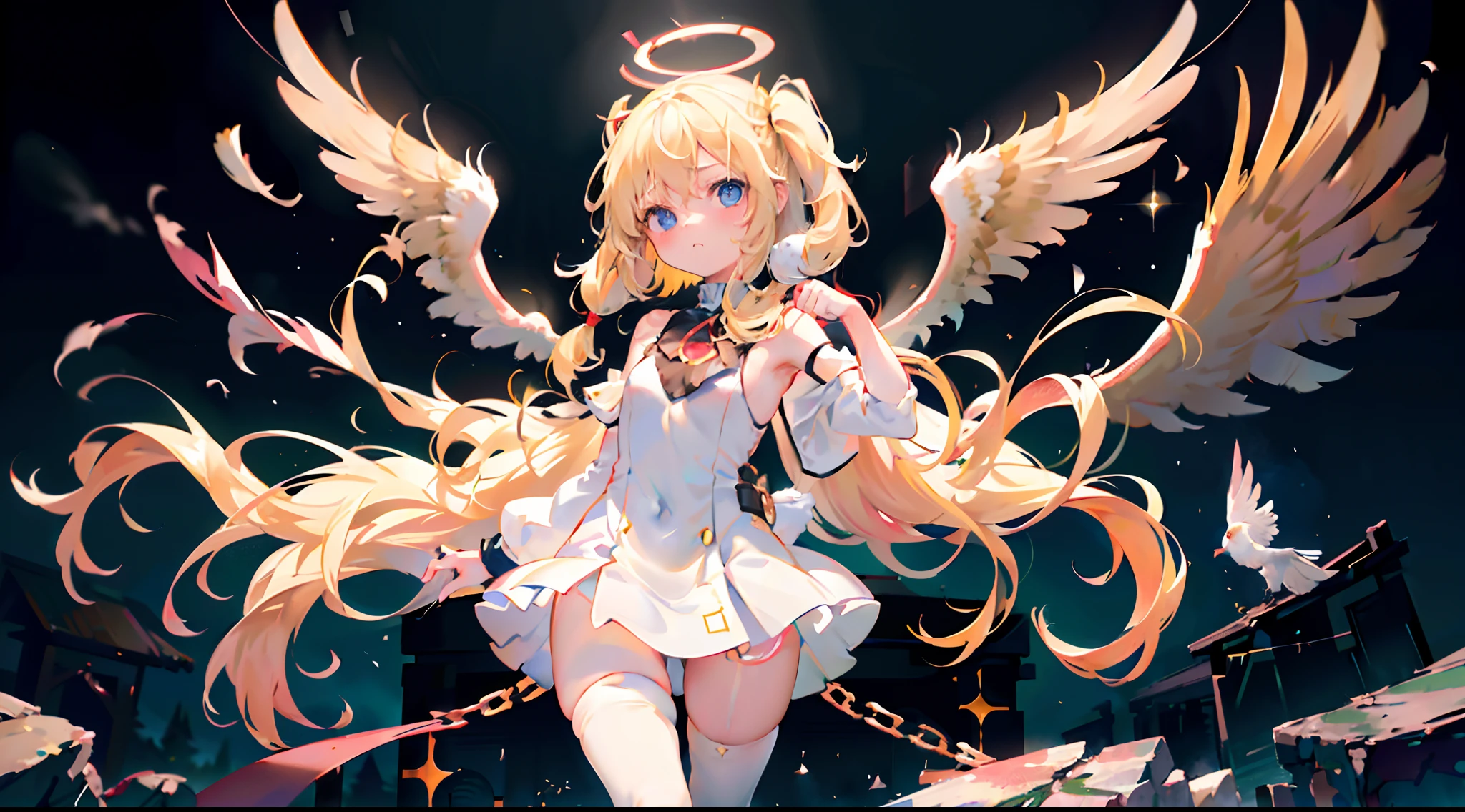 1girll,Long hair,(Blonde hair:1.7), (((Heterochromia(Blue eyes and red eyes)))),ahoge,((Petite)),wide face,(Blush),(:1.7),(Small breast:1.5),ai is sb, There is a circle of flickering light on the back of the head,(Very long hair), (White dress|Gorgeous|luxuriant),(White stockings:1.2),(wrists|ribbon:1.2|black),(ankle|ribbon|black)No shoes,Expressionless,(large moon+Volumetric sphere),Side view,Blue ambient light,Heavy fog,Short legs,volume clouds,Star array,Richer levels,More details,(45°:1.5), view the viewer, light bounce (water), Panties through reflection, star trails, bra visible through clothes, wind lift, hair pulled back, Carmelto,bird on shoulder, angel:1.2,Halo:0.8, Invert colors, Split depth,thighs focus, Thick thighs, Different reflections, in heat, skin indentation, High heels, Spread legs, Hands on hips, Squat toilet,
