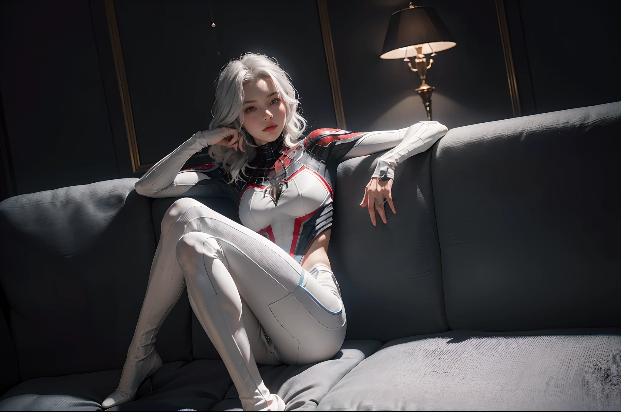 (Extreme Detail CG Unity 8K wallpaper, masterpiece, highest quality), (exquisite lighting and shadow, highly dramatic picture, cinematic lens effect), a girl in a white Spider-Man costume, silver-gray hair color, from the Spider-Man parallel universe, Wenger, Marvel, Spider-Man, sitting on the couch, dynamic pose), (excellent detail, outstanding lighting, wide angle), (excellent rendering, enough to stand out in its class), focus on white Spider-Man costumes, complex spider textures, Appropriate posture