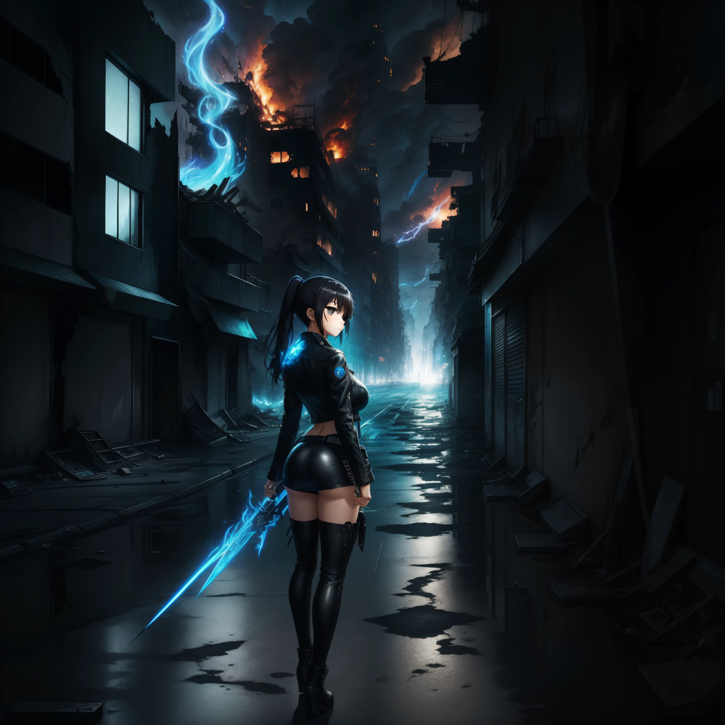 Anime style, Natural pose, Freedom, Digital illustration, (Anime style), Perfect anatomy, black rock shooter, Highly detailed, Art Station, concept-art, soft and sharp focus, Well-shaped eyes, Beautiful face, Contoured buttocks, Shy and seductive, There is a blue flame in the left eye, Chaotic landscape, The building in the background is destroyed, Black leather jacket,huge tit,Artistically