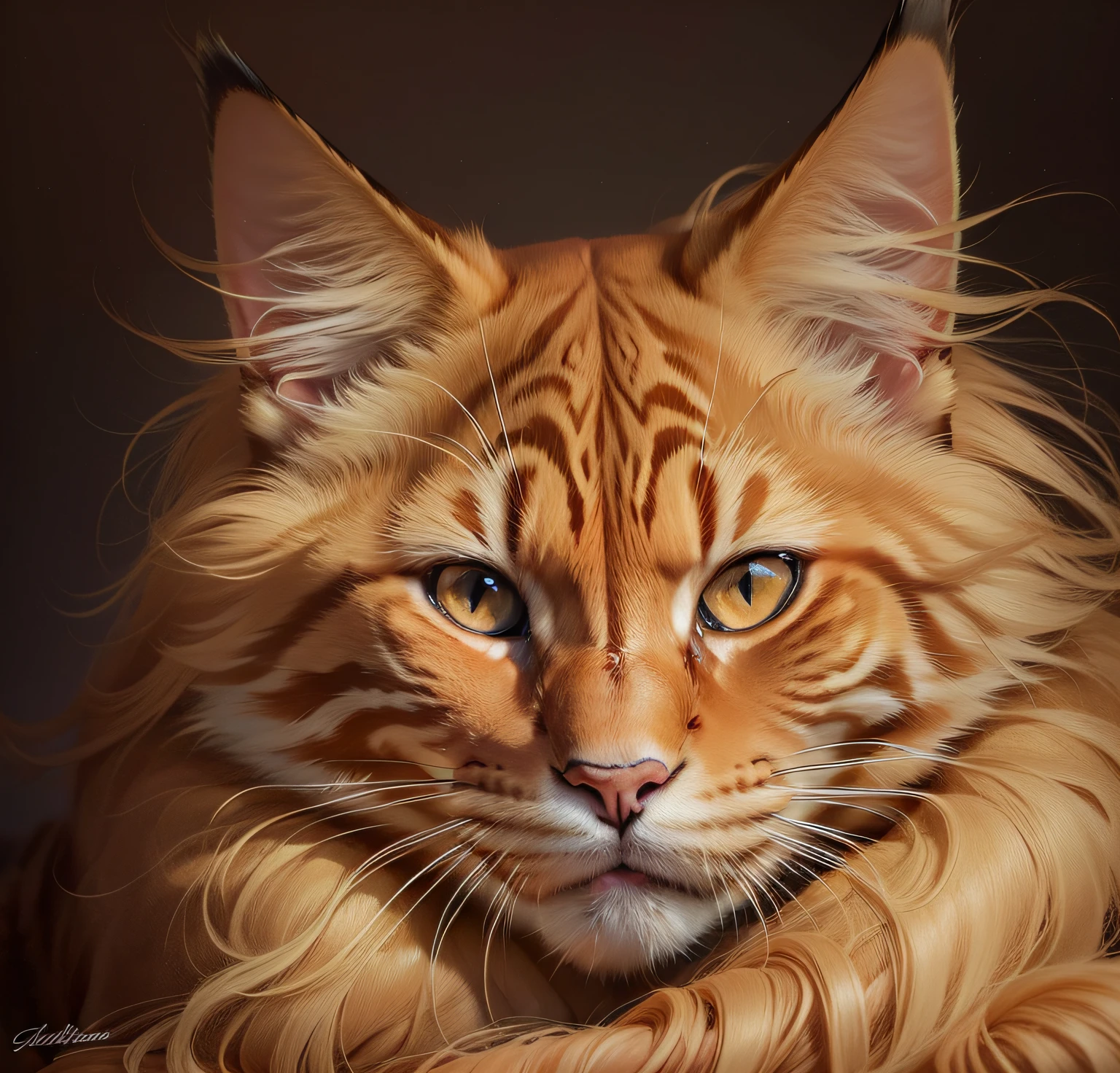 fierce one fierce orange Maine Coon cat, one head, one face, four legs, two ears, four paws, one tale, photo-realism, 24k resolution, hyperdetailed