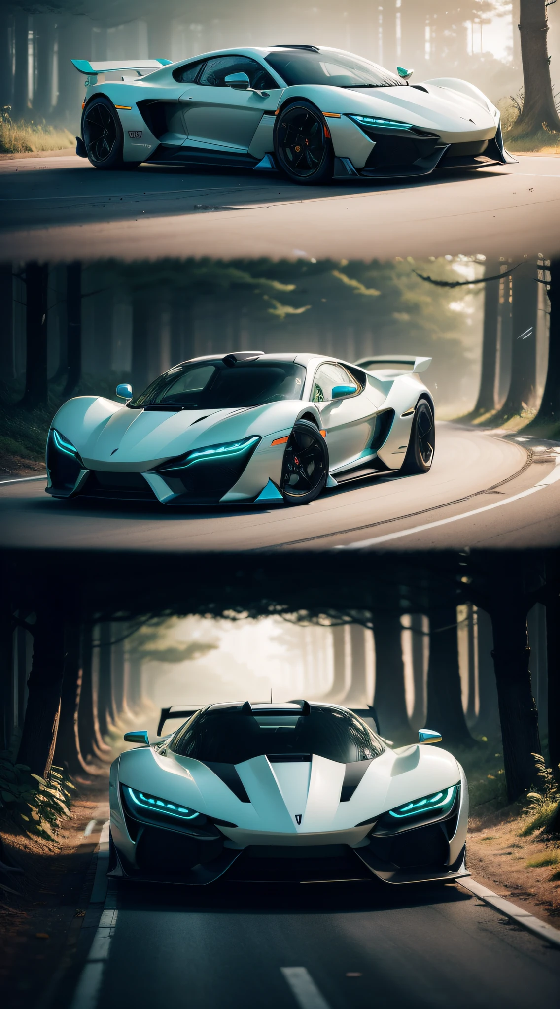 photo of a minimalist futuristic transparent car, forestpunk, muted tones, neon --ar 16:9 --v 5.2 --style raw