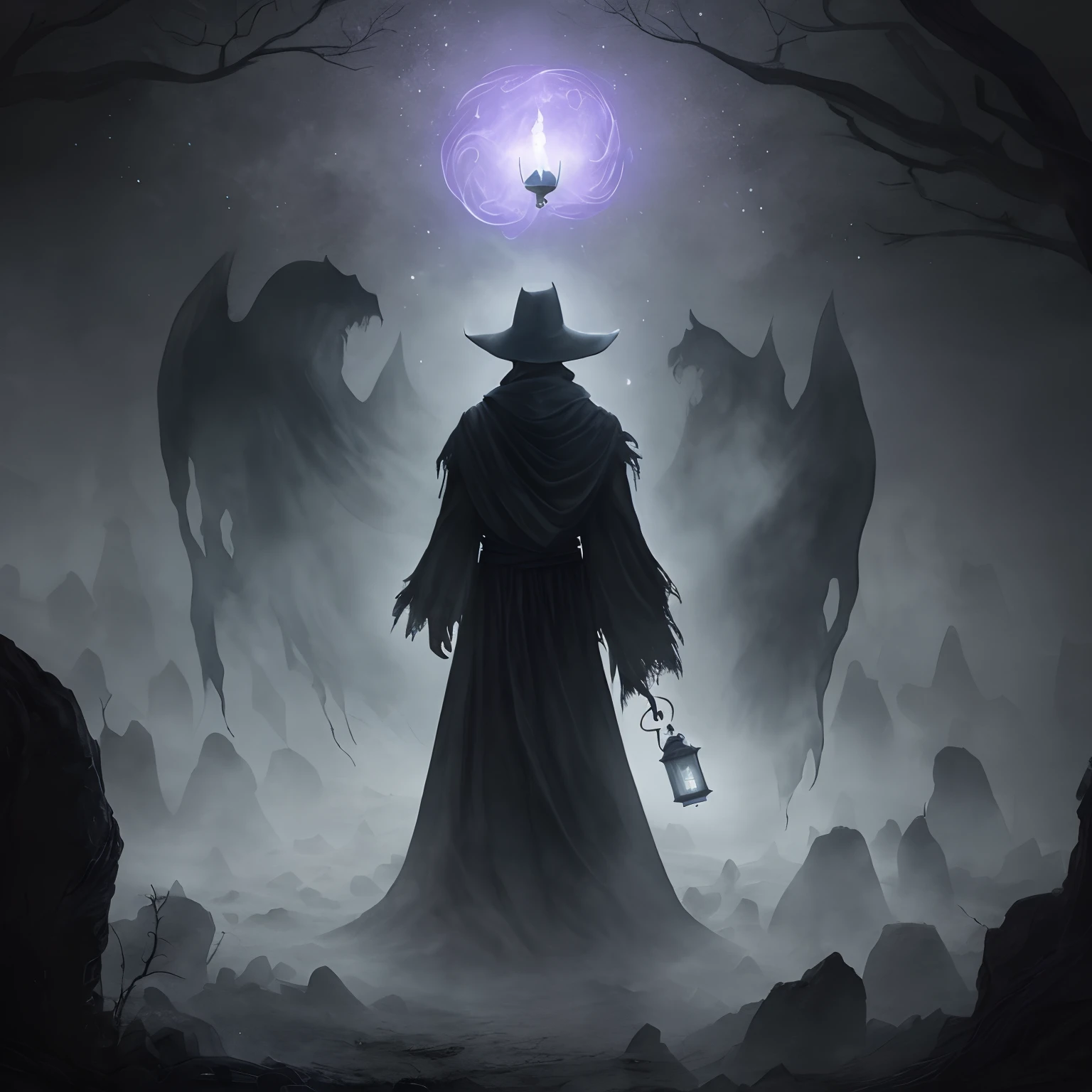 (((8K, very high resolution, Masterpiece))), ink and watercolor painting,Generate high-resolution images of ghosts, An evil spirit,Wander under the stars,Playing with the souls of others. The ghost should be depicted as a shrouded figure, Its face is obscured by mist, Its body is winding in an ethereal spirit, Spooky mist. The ghost should be holding a lantern that emits spectral light in its left hand, In his right hand he holds a black evil book,It is used to guide souls that it deems unworthy of rest to their ultimate destiny. Lanterns float around, Gaze at the stars。
The environment should be dark and eerie, Depict ghosts as harbingers of death and despair. The background is ink dark, Dark cave, Weak light, Mainly from the ominous emanation of ghosts, The color should be eerie and ominous, Focus on shades of black and purple. Use stable diffusion to ensure that the resulting images are visually consistent and coherent, With a high level of detail and realism.