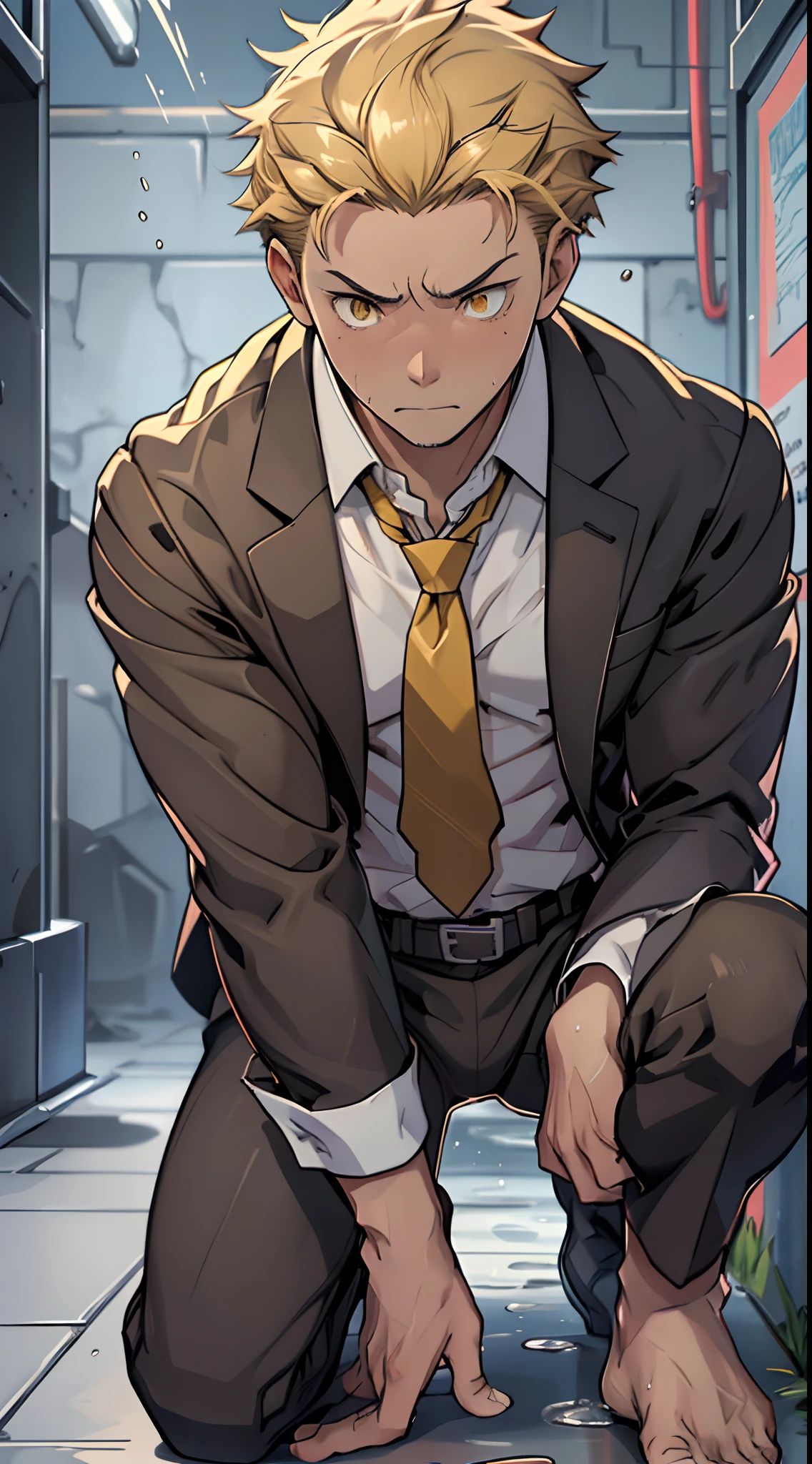 A3R1, Hector Fey ,Multi-view upper body, Suit pants view,legs separated,A3R1,pissing,Pee yourself,His own urine ran down his thighs,perfect male figure, Aerith Gainsborough ,The suit pants are wet,Urine runs down the leg of the trouser,Yellow eyes,Half squat,legs separated,Can't hold back urine,wants to pee,Wear a tie,wearing leather belt,Long Sleeve White Shirt,(The shirt is soaked),Black hair short hair,perspire,Black suit trousers,dress shoes,Nervously bow your head,is shy,embarressed,exhilarated,is shocked,panicking,worry,exteriors,On dry ground, A small puddle of his own urine formed around his feet,half squatting,Very eager to pee,Unbearable,Can't help but pee,Urine flows from the crotch to the legs,Incontinence,It's uncomfortable,Very anxious,Sweat runs from the crotch,Wet yourself,urinating,high detal,hentail realism,ultra-realistic realism,three sided view, A masterpiece of careful planning,A high resolution, hyper HD ,anatomy correct,super detailing,best qualtiy,A high resolution,8K