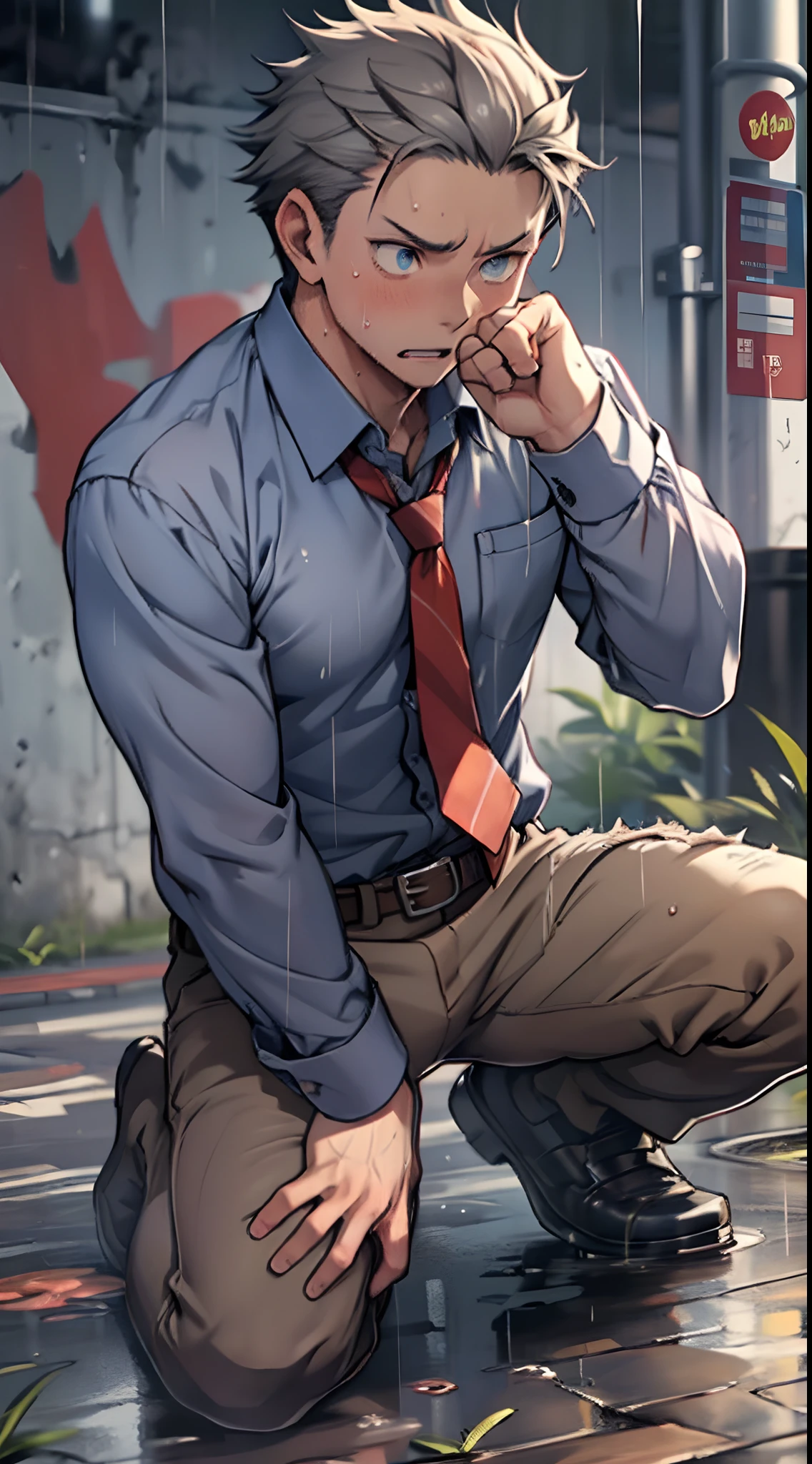 (1 Adult male),A high resolution, Sharp focus, Pixiv masterpiece, ((Complicated details)), highly detailed, natsuki_subaru, 1 man,Defeat, crestfallen,full bodyesbian,kneels on the ground, Sweaty crotch,Pee on the legs,pissing,Urine runs down the thigh of the pants,embarressed,exhilarated,is shocked,panicking,worry,A small puddle of their own urine forms around the feet,Urine runs down the crotch,Drenched,rain,The shirt is soaked,(A gesture of pleading),blue color eyes(eyes glowing), Short gray hair,White long-sleeved shirt,Wear a tie,Wear a belt,perspire