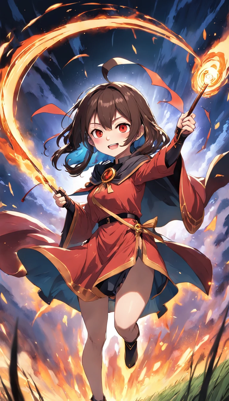 1girl,solo,(megumin), konosuba,14 years old,angle from below,umber hair, long sideburns, red eyes, red shirt, long sleeve, witch hat, black capelet, fingerless gloves,flat chest,grin,doyagao,holding the long magical cane, casting spell,reaching out her right hand,having a long magic cane with her right hand,((((drive away with magic attacks)))),in the grass field,((burning magic circle around the girl)),fantasy,flame effects,(masterpiece),best quality,ultra-detailed,highres,high-resolution,extremely detailed CG,4K,8K,super fine illustration,super detailed skin,highly detailed,highly detailed background,hires,perfect anatomy,beautiful detailed eyes,perfect finger,perfectly crafted,cinematic lighting,dynamic lighting,anime,animation