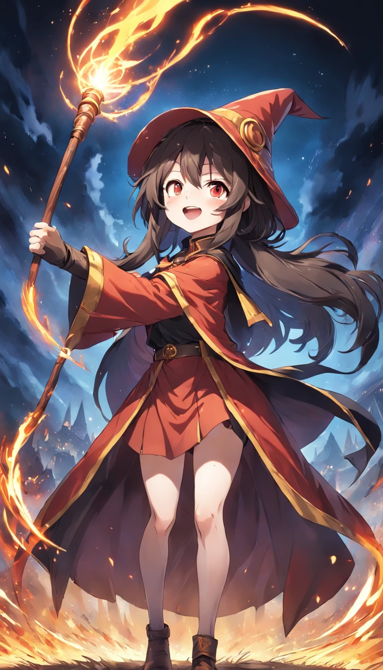 1girl,solo,(megumin), konosuba,14 years old,angle from below,umber hair, long sideburns, red eyes, red shirt, long sleeve, witch hat, black capelet, fingerless gloves,flat chest,grin,doyagao,holding the long magical cane, casting spell,reaching out her right hand,having a long magic cane with her right hand,((((drive away with magic attacks)))),in the grass field,((burning magic circle around the girl)),fantasy,flame effects,(masterpiece),best quality,ultra-detailed,highres,high-resolution,extremely detailed CG,4K,8K,super fine illustration,super detailed skin,highly detailed,highly detailed background,hires,perfect anatomy,beautiful detailed eyes,perfect finger,perfectly crafted,cinematic lighting,dynamic lighting,anime,animation