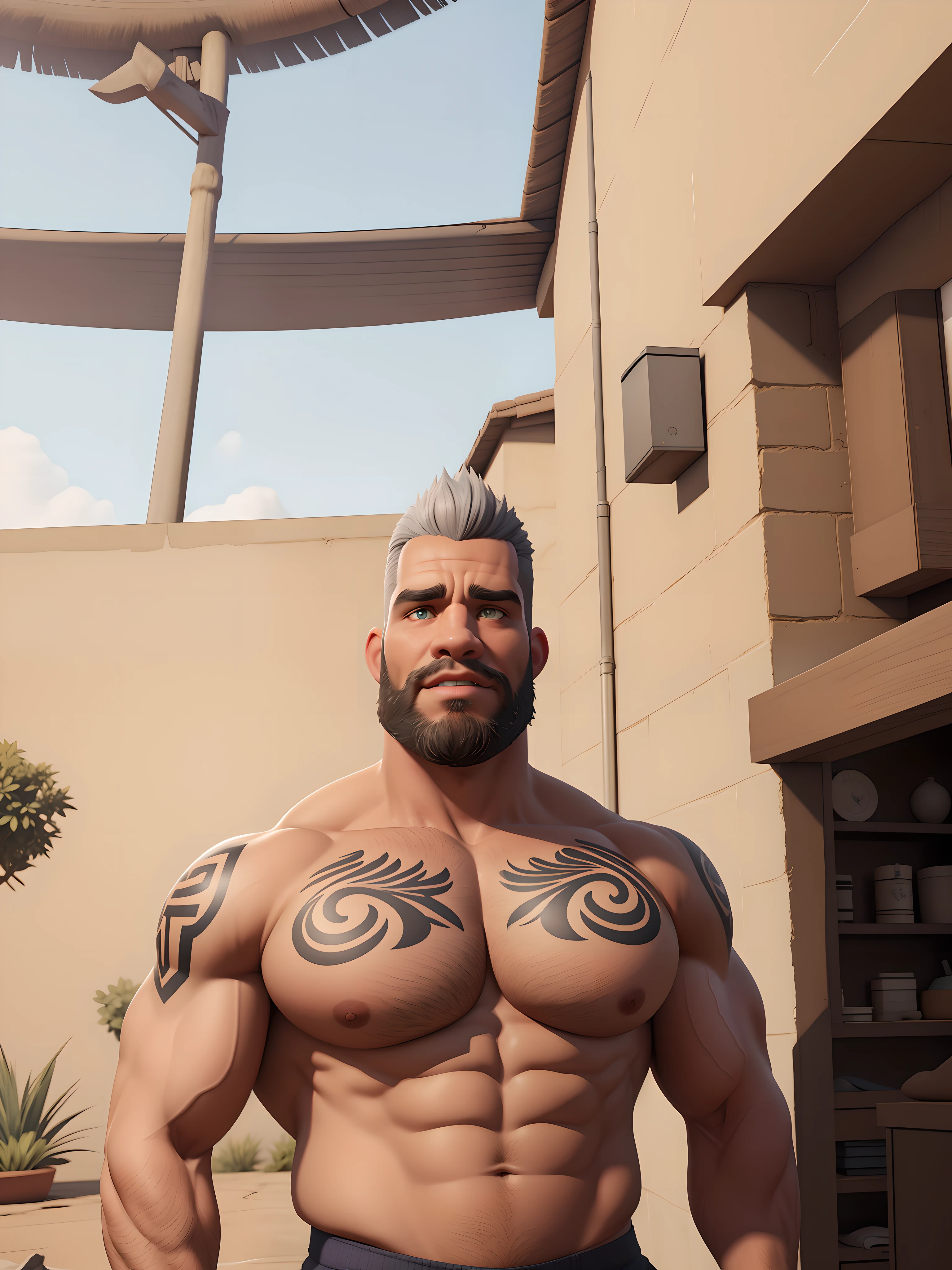 A muscular (African American) alpha beefy massive pumped old muscle daddy with big arms, pectorals and thick thighs, huge beard, grey hair, with tattoos covering chest and abdomen, realistic, 8k, 3d render, unreal engine, NVIDIA, RTX 4090, by Greg Rutkowski, hyperrealistic, dynamic pose