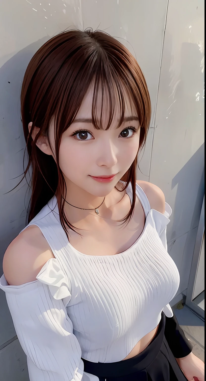 (Raw photography:1.2)、top-quality、Detailed beauty、Beautiful Korean Woman、The most beautiful women in the world、Beautiful sharp face、面長、21years old、A smile、Happy smile、light brown hair、fluffy and voluminous hair、extra detailed face、beatiful detailed eyes、eye line、Nasal nose、a small face、small tits、tiny chest、Natural sunlight、depth of fields、Blurry background、hight resolution、8k wallpaper、finely detail、Very detailed 8k wallpaper、灯光、sexy pose、(photorealisim:1.4)、super detailing、masterpiece、croptop、Small T-shirt、a miniskirt、Road by the sea、lean against the wall、Shooting from a distance、
