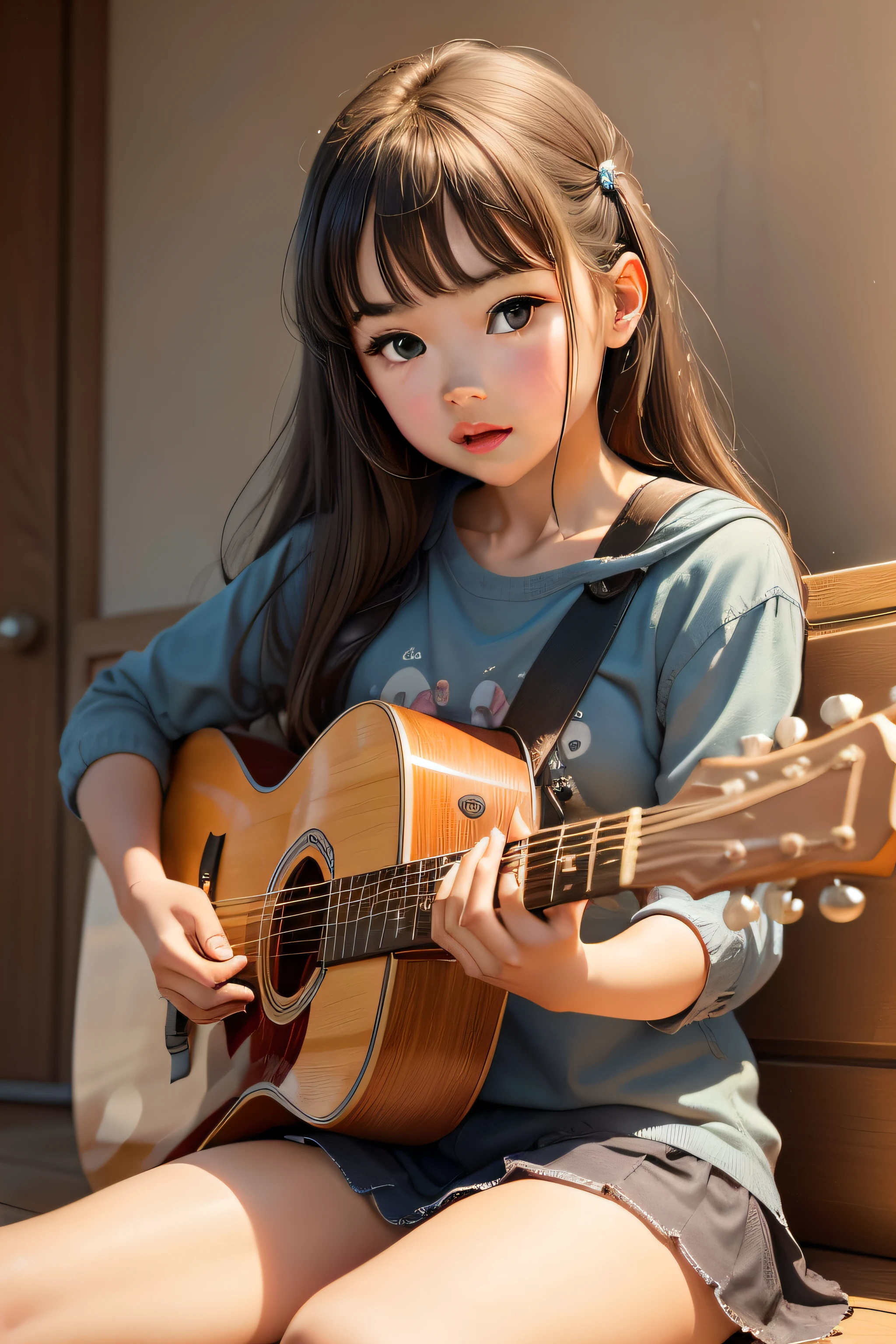 young girl, peaceful face, singing, sitting, playing guitar, image like cartoon disney drawing