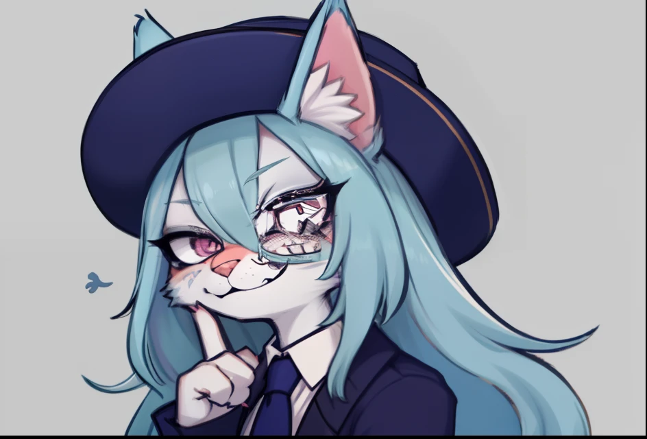 hairy pubic，furry，Cartoon drawing of a cat in a hat and tie, [[[[grinning evily]]]], senko-san, discord pfp, tired haunted expression, smug expression, roguish smirk, smug smirk, (winking), with index finger, Sleepy expression, kanliu666, highley detailled face