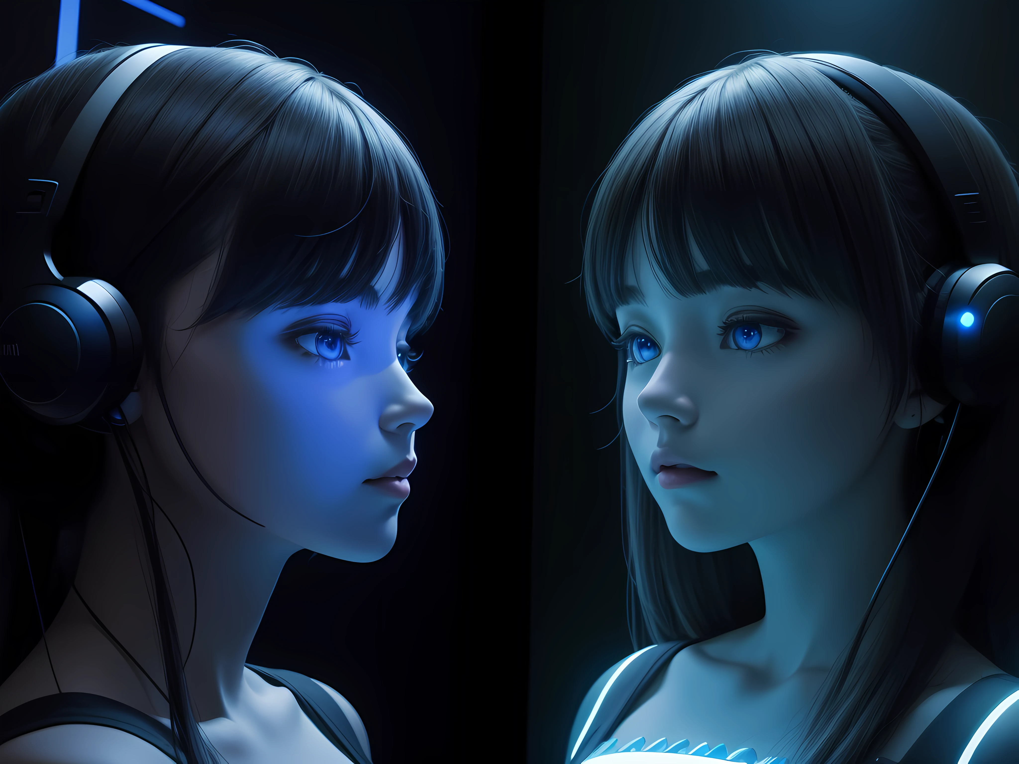 Images of people interacting with giant virtual assistants on a virtual screen. Hiperrealista, 8 K, en tonos azules, anaranjados, verdes, violetas.