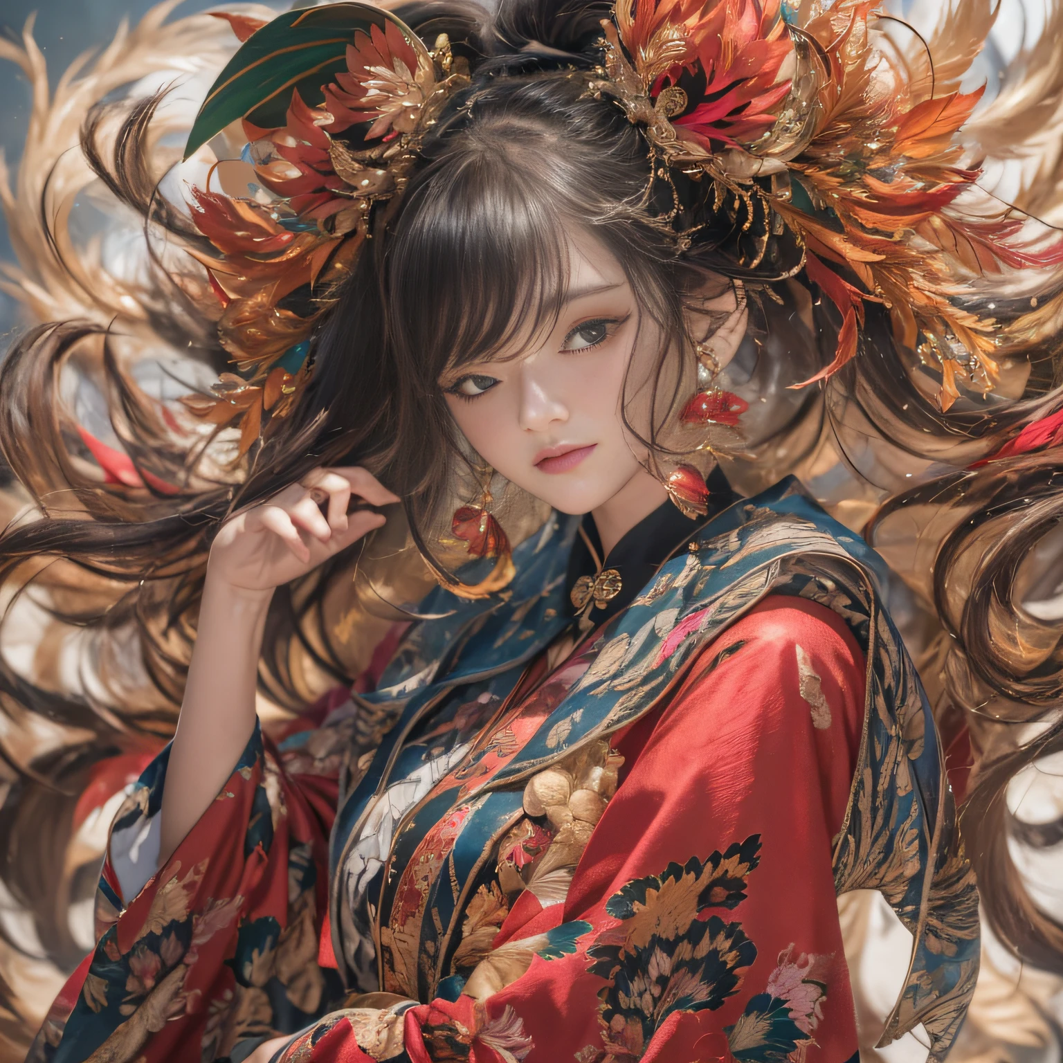 32K（tmasterpiece，k hd，hyper HD，32K）Large curls，Flowing rouge，ponds，zydink， a color，  Asian people （Silly girl）， （Silk scarf）， Combat posture， looking at the ground， Large rolls of rouge， Flowing rouge curls，Red onyx emerald emerald headdress， Chinese long-sleeved black gold garment， （abstract ink splash：1.2）， Pink lotus background，Water lily flower protector（realisticlying：1.4），Rouge hair，Autumn is in full swing，The background is pure， A high resolution， the detail， RAW photogr， Sharp Re， Nikon D850 Film Stock Photo by Jefferies Lee 4 Kodak Portra 400 Camera F1.6 shots, Rich colors, ultra-realistic vivid textures, Dramatic lighting, Unreal Engine Art Station Trend, cinestir 800，Large curls，Flowing rouge
