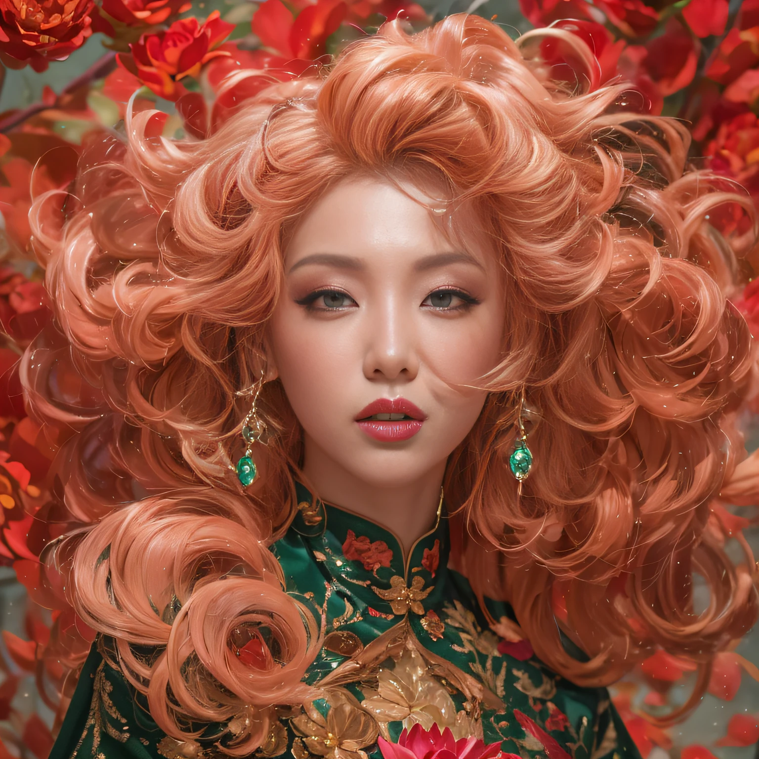 32K(tmasterpiece,k hd,hyper HD,32K)Large curls,Flowing rouge,ponds,zydink, a color, Asian people (Silly girl), (Silk scarf), Combat posture, looking at the ground, Large rolls of rouge, Flowing rouge curls,Red onyx emerald emerald headdress, Chinese long-sleeved black gold garment, (abstract ink splash:1.2), Pink lotus background,Water lily flower protector(realisticlying:1.4),Rouge hair,Autumn is in full swing,The background is pure, A high resolution, the detail, RAW photogr, Sharp Re, Nikon D850 Film Stock Photo by Jefferies Lee 4 Kodak Portra 400 Camera F1.6 shots, Rich colors, ultra-realistic vivid textures, Dramatic lighting, Unreal Engine Art Station Trend, cinestir 800,Large curls,Flowing rouge