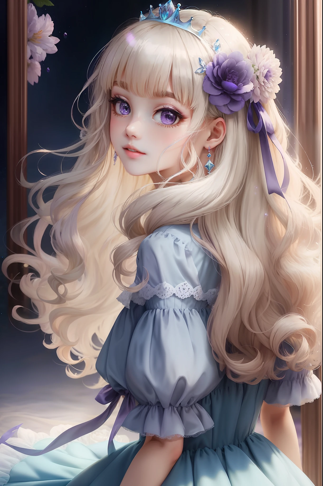 Princess　A Princess　Soft　Best quality in good style(Highest Quality) , High quality(hiquality)　purple
fluffy dress blonde and soft hair　corolla　long　The whole body is reflected A wonderful atmosphere with very delicate tones