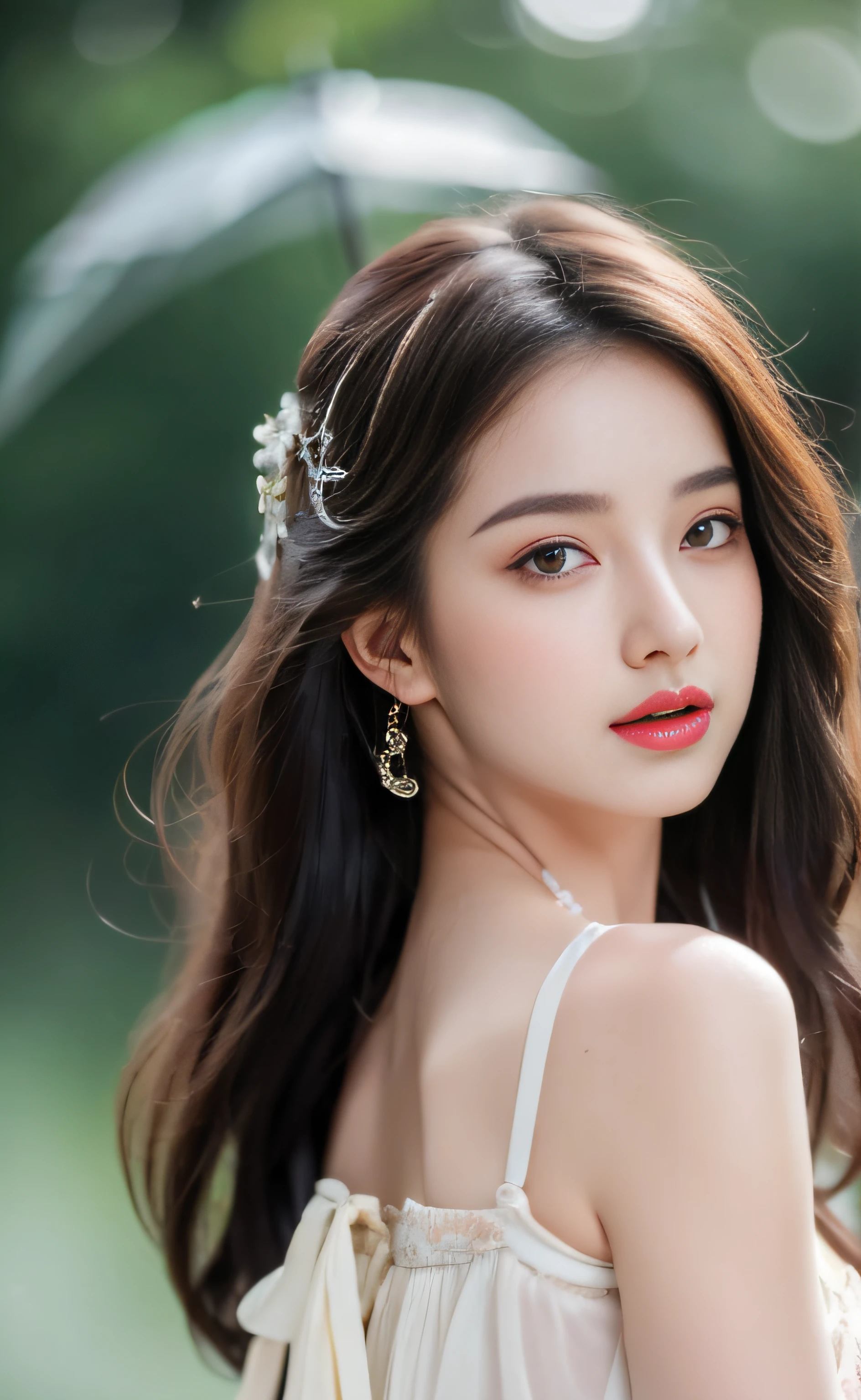 ((Best Quality, 8k, Masterpiece: 1.3)), Focus: 1.2, Perfect Body Beauty: 1.4, Buttocks: 1.2, ((Layered Haircut)), (Wet Clothes: 1.1), (Rain, Street:1.3), (Breasts: 1.2), (Hanfu: 1.2), Bare Shoulders, Bare Legs, Highly Detailed Face and Skin Texture, Fine Eyes, Double Eyelids, Whitened Skin, Long Hair, (Shut Up: 1.5), (Bokeh Background: 1.5), Big Breasts