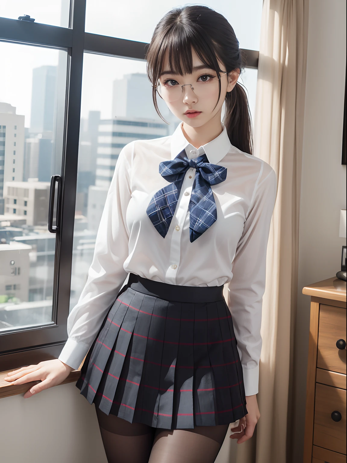 (Long ponytail),(Underwear is visible),（8K、Raw photography、top-quality、​masterpiece：1.2),pigeon chest,glamor,Chromo-white skin,cocky,School,watching at viewers,Looking at the front,Muchimuchi,High-pitched clothing,Erotic,Pupils,de pele branca,kne,((Black pantyhose)),absurderes,a small face,,Forehead visible,Bangs hanging from the left and right sides of the forehead,(a cold expression,Tight eyes,glares,Bullish,irate)、​masterpiece,top-quality、超A high resolution,Raw photo,ren,Beautiful fece,One Person, 独奏,eye glass,,Dark look,Small breasts,fullllbody,Round glasses,JK school uniform,hi-school girl,A Japanese Lady,is standing,（Photorealsitic：1.37）、Photon mapping,Realistic、Beautie,Cute little face,Brown-eyed、Black socks、(Red bow tie)、Radio City、Physically Based Rendering、depth of fields、Blurry background、a picture,Body,beauty legs, Long legs, Thin leg,(Bangs are visible), hair, s lips, Blue_The eye, nosesoft,(Light blue shirt), (Navy and blue and white plaid pleated skirt), Knees are visible,Sheer clothing,, Thigh, Black cotton socks,Nogizaka Idol, 女優, Japanese ido