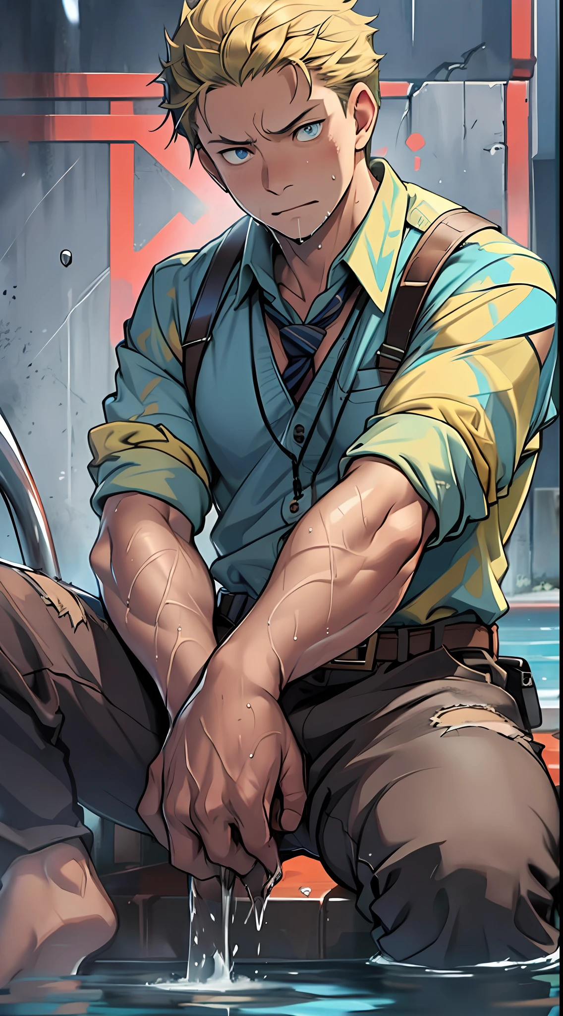 absurdres, illustration, male, solo, adult, mature, handsome_male, muscular, overalls, slick back, standing, Lying down, boundless, slide, s-curve, <lora:add_detail:1.5>, <lora:husbando_v33:0.6>
