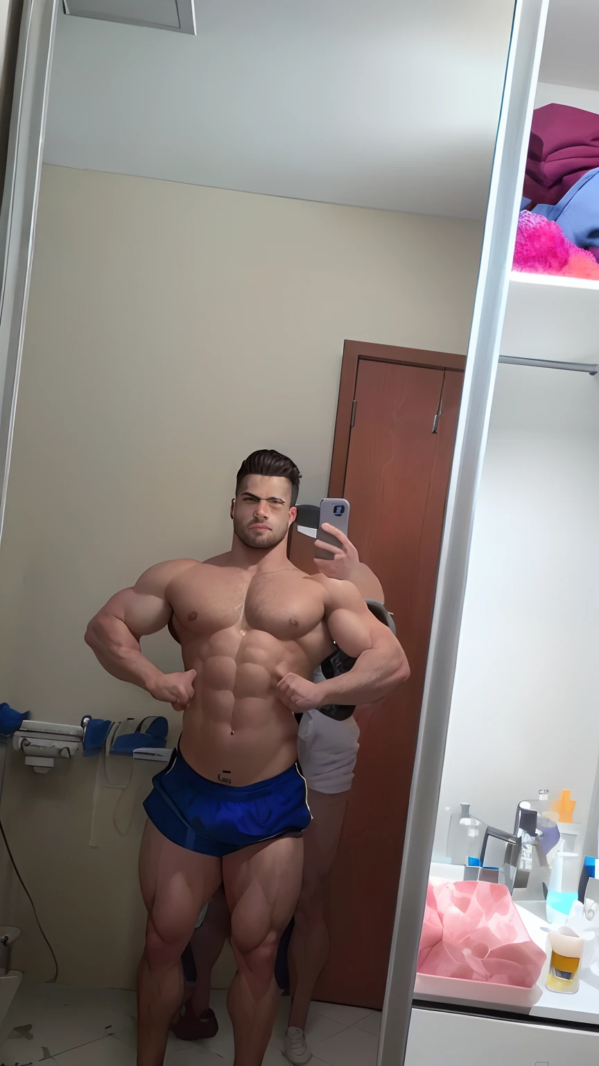 There is a man who is standing in a bathroom with a mirror, foto fit, Posar e flexionar, bastante musculoso, large muscles, musculoso!!!, muito lindo. large muscles, absurdly muscular physique, musculoso, very muscular, magro, mas musculoso, Directed by: Nandor Soldier, 2 3 anos, 2 7 anos, Muscular construction, massive muscles