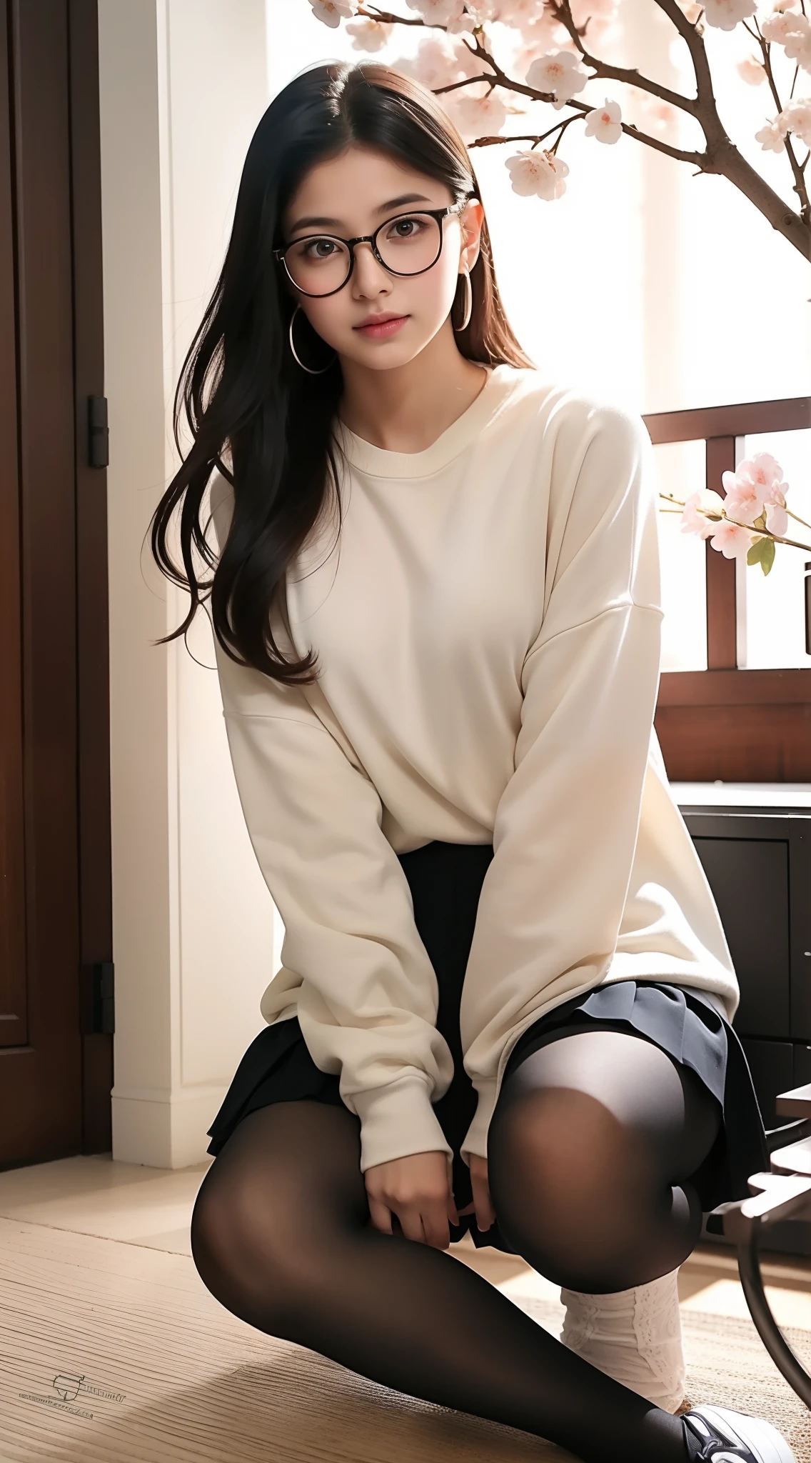 Beautiful young Indian girl, glasses, large anchor earrings, sweatshirt, pleated skirt, dark tights, sneakers, sunlight, sun on fabric, large neckline, hyperrealistic, 14 years old, model body, small breasts, beautiful breasts, large coatis , long hair, long legs, 8k,超High resolution , best quality, Oriental House RAW portrait, cherry blossom, sunrise, ambient lighting, detailed shadows, camera focus on thighs, Cute pose showing thighs