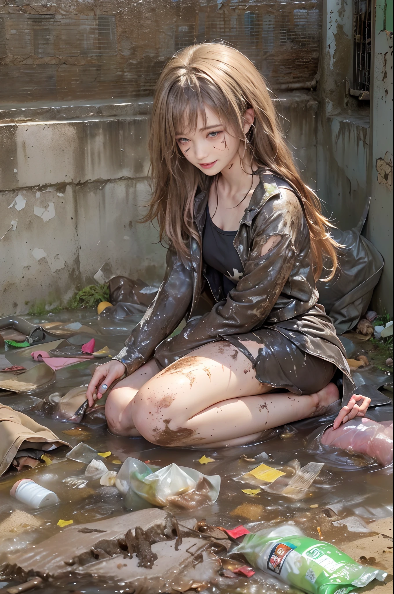 realisitic、top-quality、crisp photos、((Brick underground tunnel、Foul-smelling sewer、Littered with filth、Sewage channels full of feces、a lot of garbage and junk、The dirtiest sewer))、Bricks are covered with moss、((beautiful a girl、Constricted waist、Neat face、Most beautiful face、Elaborate face、dense dirty brown hair、Refreshing look、Pleasant look、Happy expression、Joy covered in filth、Glad to get dirty))、(long pink shiny buttoned raincoat、tall pink rainboots, Tangier、blondehair)、((long and beautiful legs are dirty、Lying face down on filth、Girl with beautiful ass、Scoop out filth with both hands、Beautiful girl's hair is covered in mud、The joy of lying in dirty sewage))、(((I want to smear filth all over my body.、Your hair is muddy with a large amount of filth、full body muddy、muddy pink raincoat, Beautiful girl burying her face in filth、Beautiful lying on a pile of dirty garbage、Super large amount of dirty garbage、Dirty waste)))