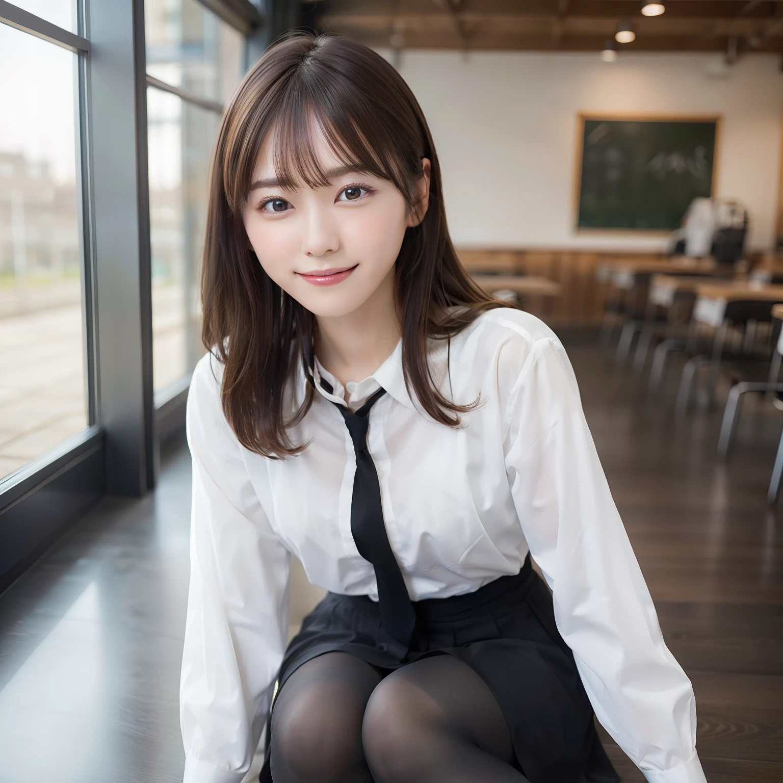 Beautiful black eyes:1.5、dual、natural skin textures:1.3, realistic eyes and face details:1.8、in 8K,Best Quality:1.4, 超A high resolution:1.5, (Photorealistic:1.4),masterpiece:1.2,(top-quality:1.4)、 Raw photo、 (the background is blurred), 1日本人の女の子, Cute, (Solo:1.4), (Shy smile), Smooth skin、 (Brown medium hair,Bangs),nogizaka,Supple fingertips,middlebreasts、during daytime、Toned buttocks:1.5、gazing at viewer,The photographer is3mpostpone, School uniform,Black shoes, Upper body:1.8,(detailed hairs:1.1), (Detailed eyes:1.1)、in a school,low angles、Thin pantyhose in black
