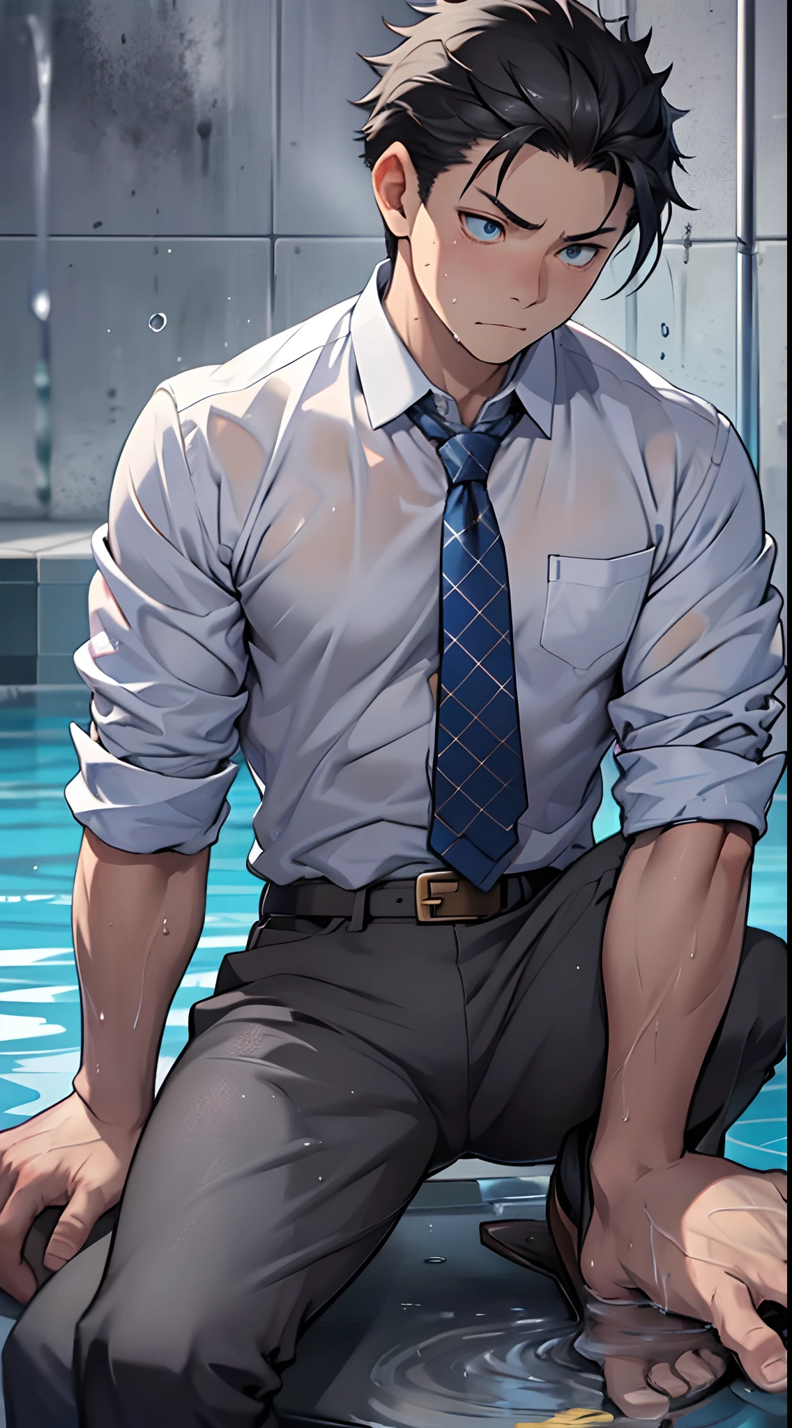 (1 Adult male),A high resolution, Sharp focus, Pixiv masterpiece, ((Complicated details)), highly detailed, natsuki_subaru, 1 man,perfect male figure,Urine on the trouser leg, Nervously bow your head,is shy,embarressed,exhilarated,is shocked,panicking,worry,A pool of urine formed around him,Very eager to pee,Unbearable,Wet yourself,Urine discharge,full bodyesbian,sit astride,Tired,decadent, blue color eyes(eyes glowing), Black hair short hair,Blue plaid shirt,Wear a tie,Wear a belt,trousers,perspire,Drenched,Get wet,pissing,urine flows down the pants,look from down