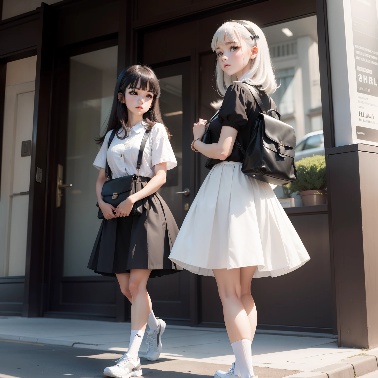 White skirt, black and white shoes, girls carrying small bags, bangs, vigorous