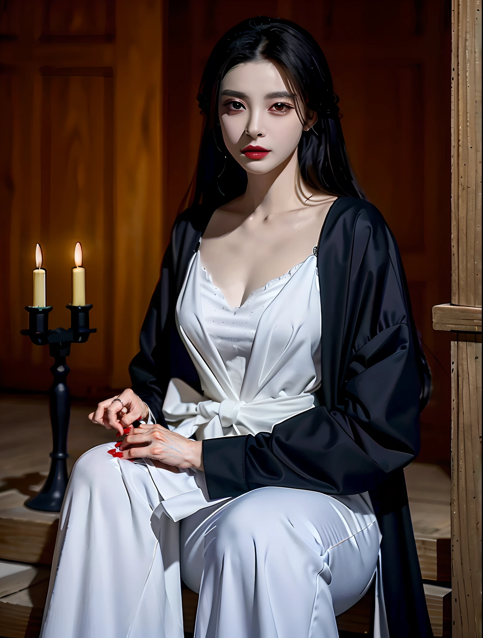 "A masterpiece of high quality,8K分辨率,Female vampires,Black medieval castle,perfect make-up,The pupils of women are bright red,The lips are black,The woman's clothes are black latex underwear,Wearing black pantyhose on the lower body
