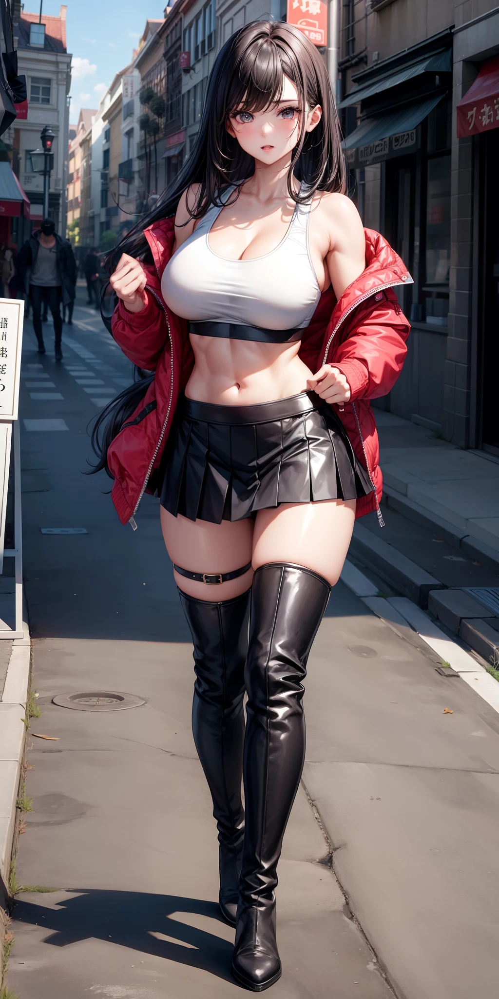 a beauty girl、A dark-haired、Longhaire、huge tit、well-muscled、abdominals、Nice Buddy、Sportsbra、jaket、skirt by the、knee boots、Navel Ejection、Walking、full body seen、town