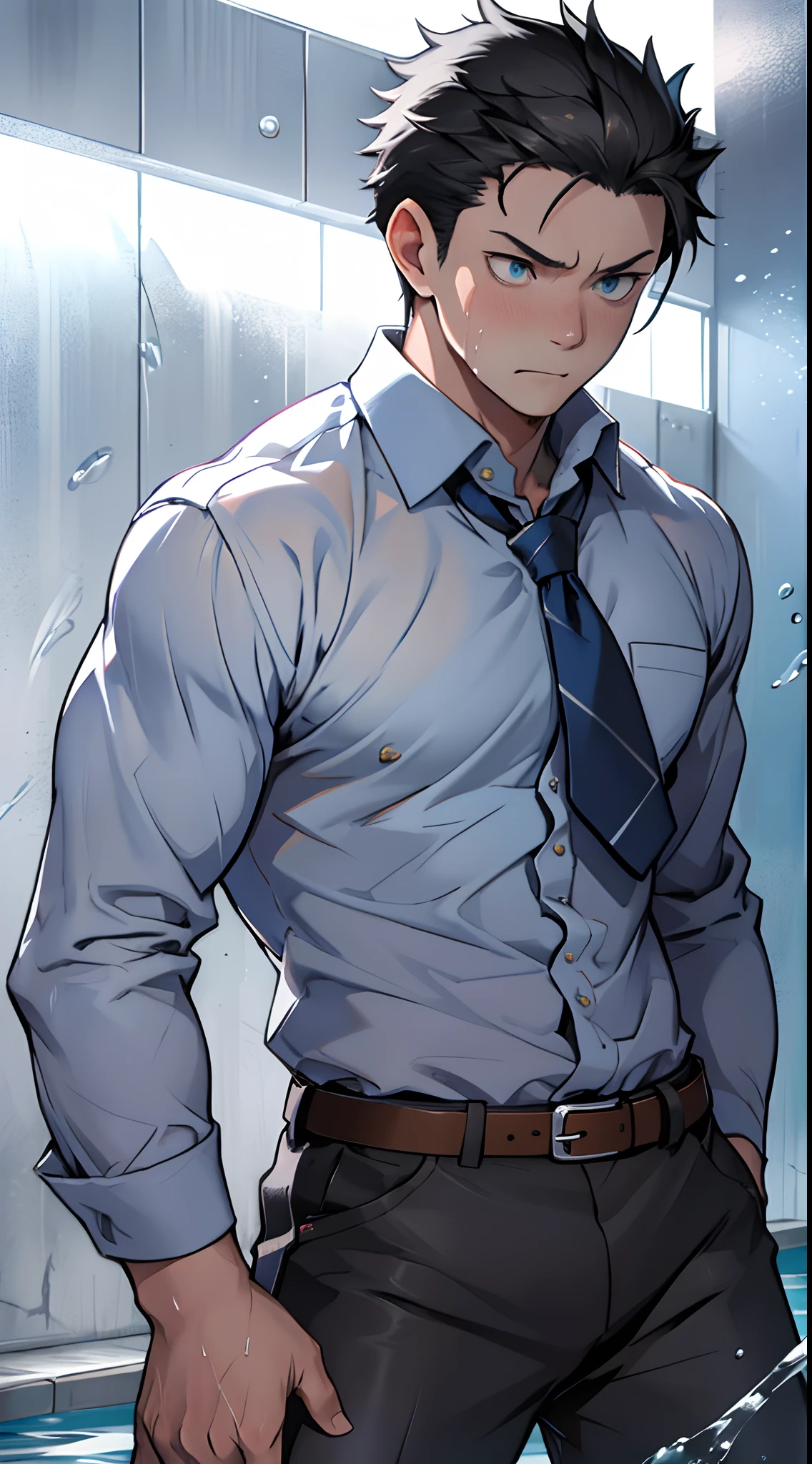 (1 Adult male),A high resolution, Sharp focus, Pixiv masterpiece, ((Complicated details)), highly detailed, natsuki_subaru, 1 man,perfect male figure,Urine on the trouser leg, Nervously bow your head,is shy,embarressed,exhilarated,is shocked,panicking,worry,A pool of urine formed around him,Very eager to pee,Unbearable,Wet yourself,Urine discharge,full bodyesbian,Kneel,Tired,decadent, blue color eyes(eyes glowing), Black hair short hair,Blue plaid shirt,Wear a tie,Wear a belt,trousers,perspire,Drenched,Get wet,pissing,urine flows down the pants,look from down