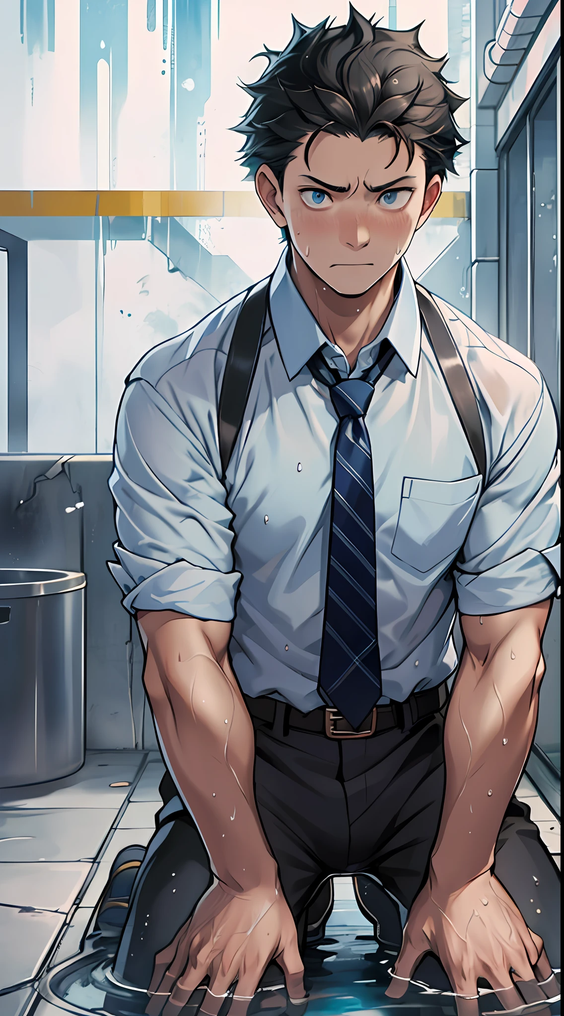 （1 Adult male），A high resolution， Sharp focus， Pixiv masterpiece， （（Complicated details））， highly  detailed， natsuki_subaru， 1 man， ssmile，full bodyesbian，Reached， blue color eyes（eyes glowing）， Short yellow hair，white  shirt，Wear a tie，Wear a belt，perspire，look from down