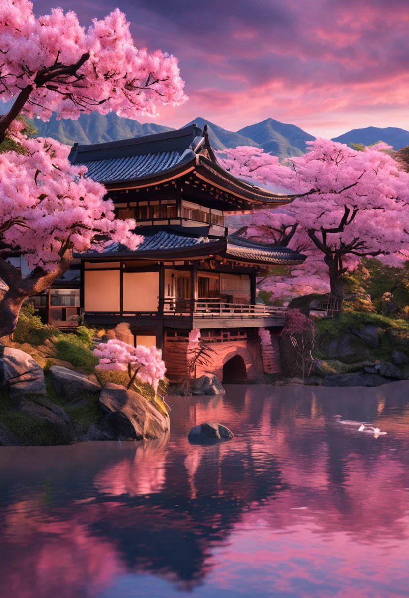 mdjrny-pprct, japanese architecture, Sakura, wisteria, Flower Garden, mountains and rivers, Clouds (high detial: 1.2)、the setting sun、Evening glow、morning glow
