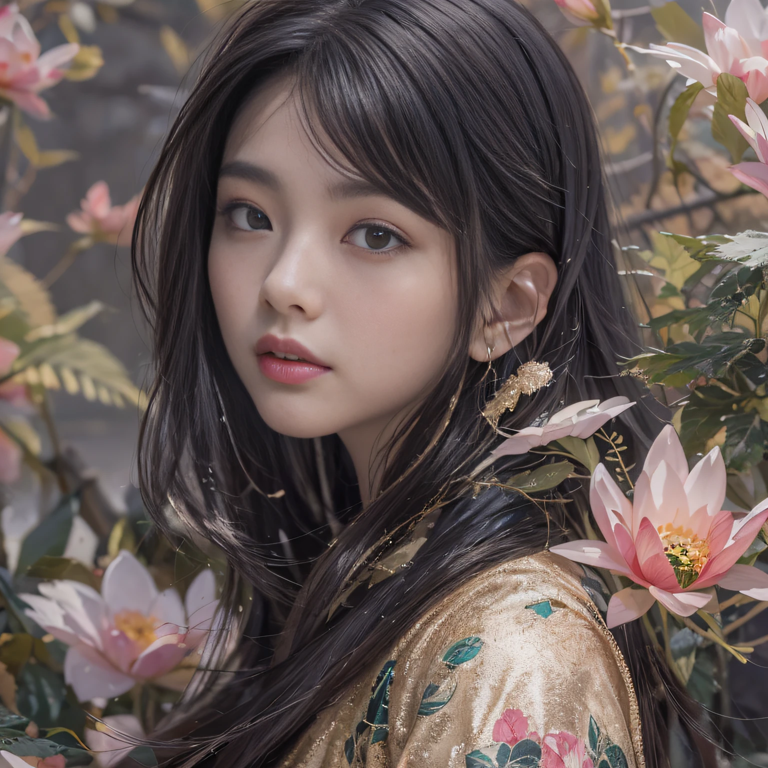 32K(tmasterpiece,k hd,hyper HD,32K)Long flowing black hair,ponds,zydink, a color, Asian people (Silly girl), (Silk scarf), Combat posture, looking at the ground, long whitr hair, Floating hair, Carp pattern headdress, Chinese long-sleeved clothing, (abstract ink splash:1.2), Pink petal background,Pink and white lotus flowers fly(realisticlying:1.4),Black color hair,Fallen leaves flutter,The background is pure, A high resolution, the detail, RAW photogr, Sharp Re, Nikon D850 Film Stock Photo by Jefferies Lee 4 Kodak Portra 400 Camera F1.6 shots, Rich colors, ultra-realistic vivid textures, Dramatic lighting, Unreal Engine Art Station Trend, cinestir 800,Long flowing black hair