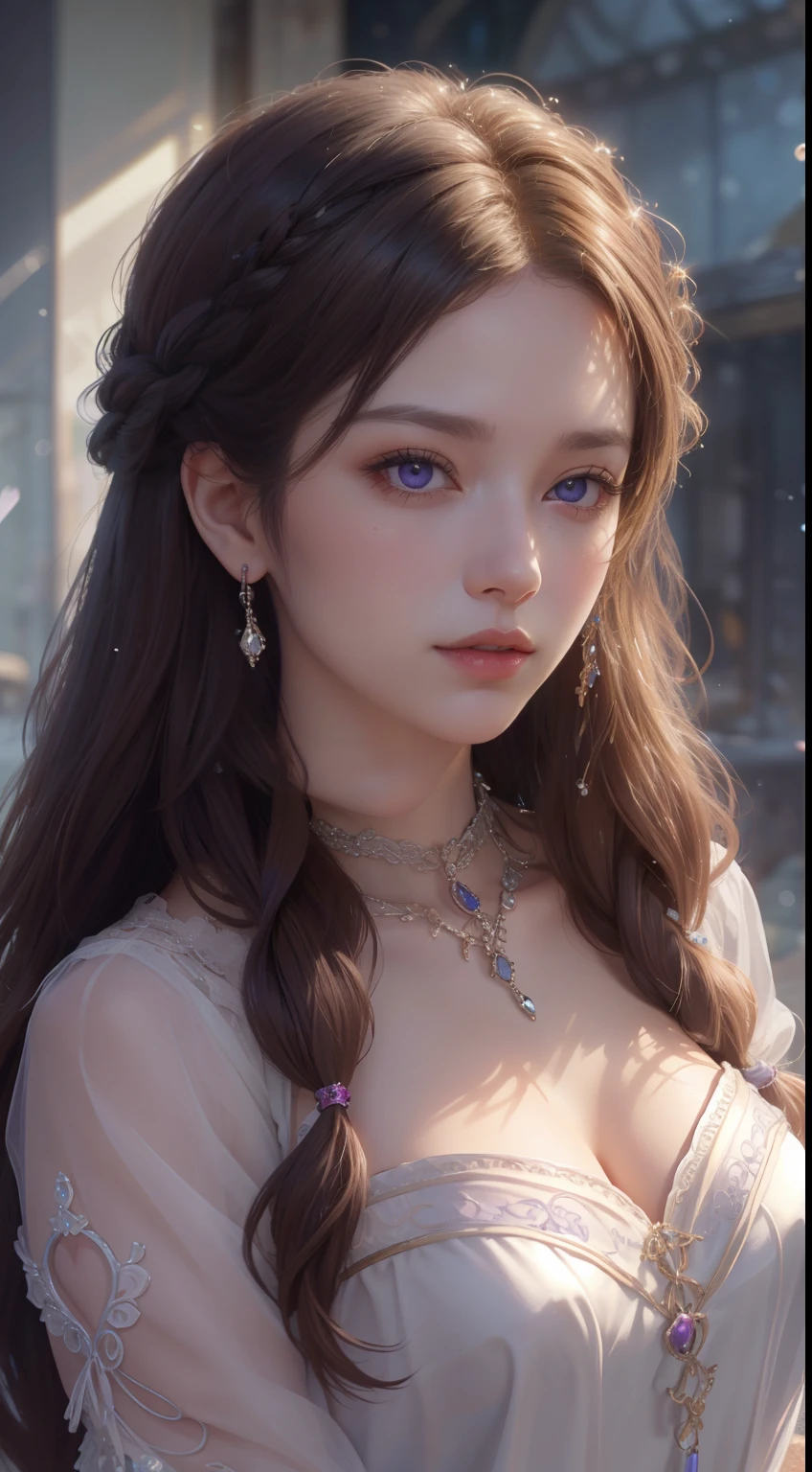 tmasterpiece，Highest image quality，Beautiful bust of a noble maiden，Delicate brown braided hair，Violet eyes are clear，Embellished with a dazzling array of intricate jewelry，Soft light，super detailing，upscaled。