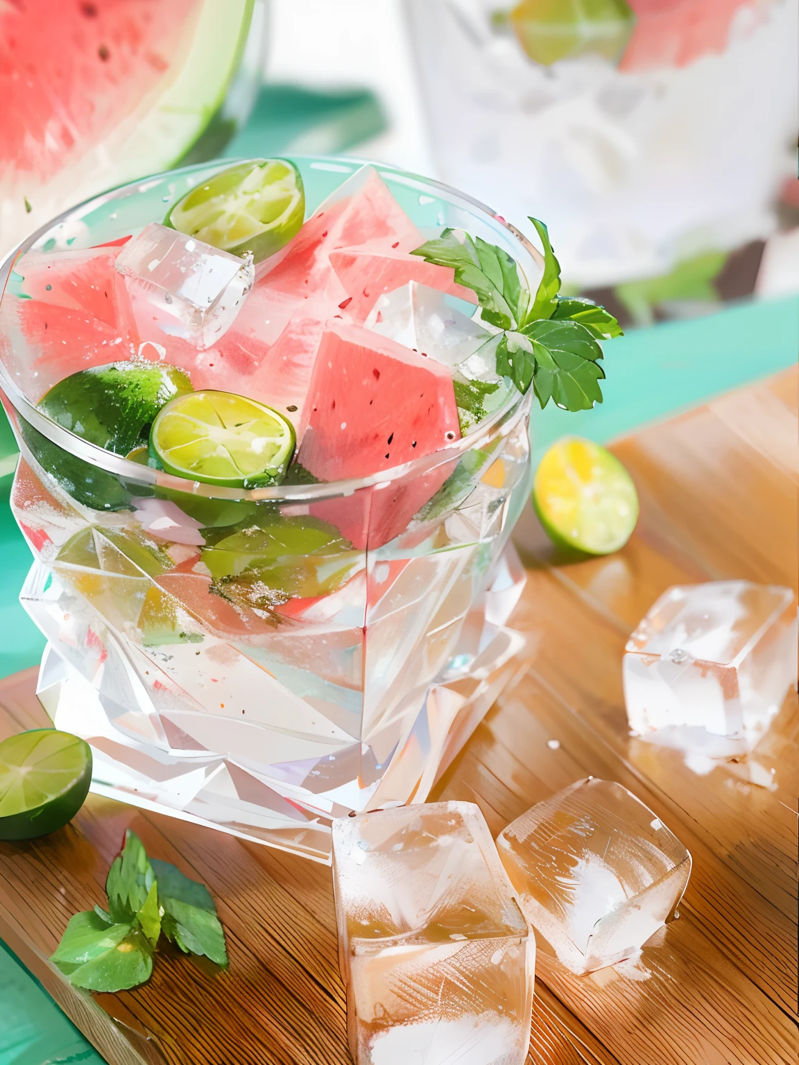 A glass of soda, frozen, frozen effect, on a wooden tray with pieces of watermelon, with mint leaves, cut small turquoise greens, with ice cubes, a few scattered ice cubes on a wooden board, super realistic Food pictures, full theme shown in photos,, Randy Post, hyper realistic ", hyper realistic", high res photo