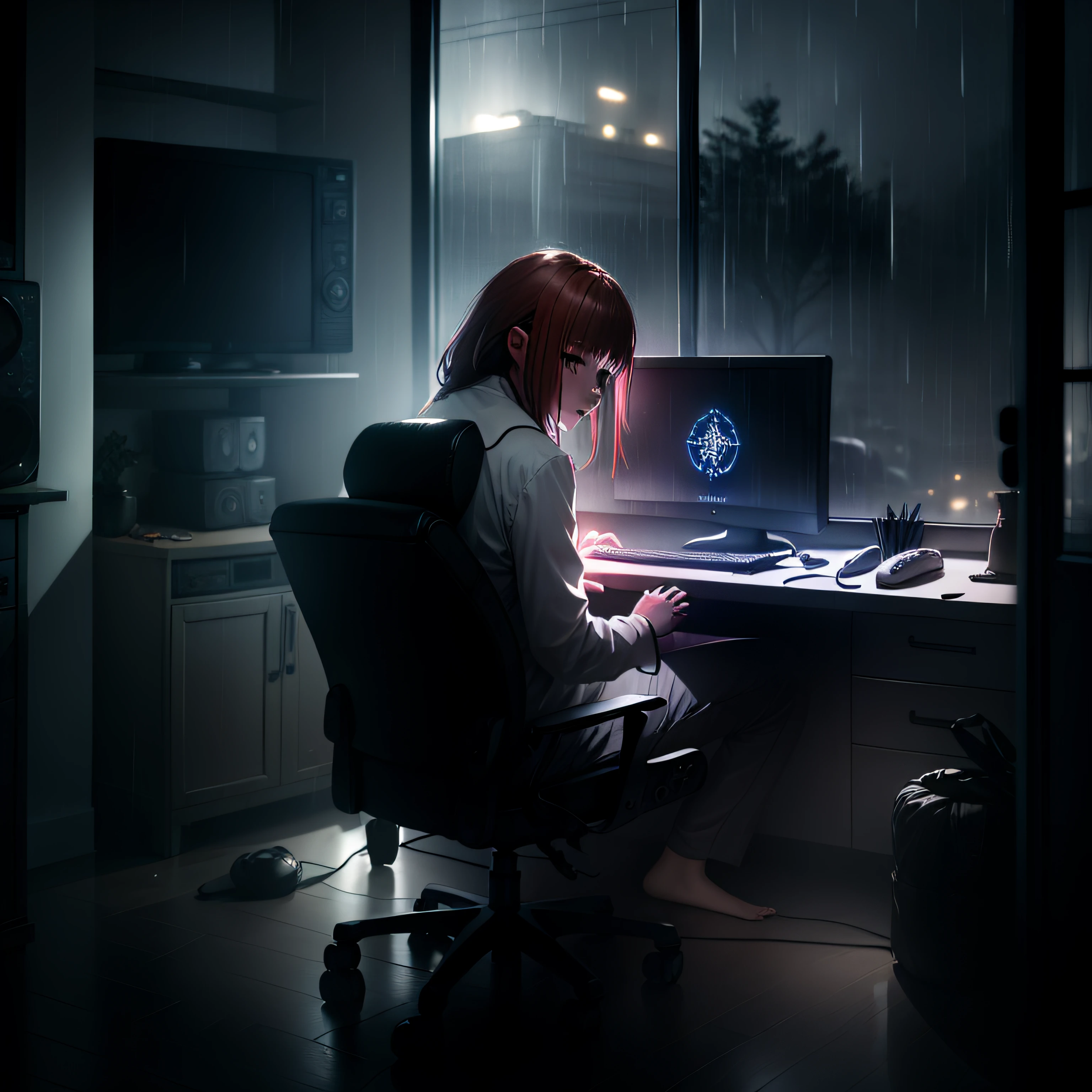 Indoor night view, Computer gaming chair, rainy evening, A girl with bangs working in pajamas, Blur the lights。