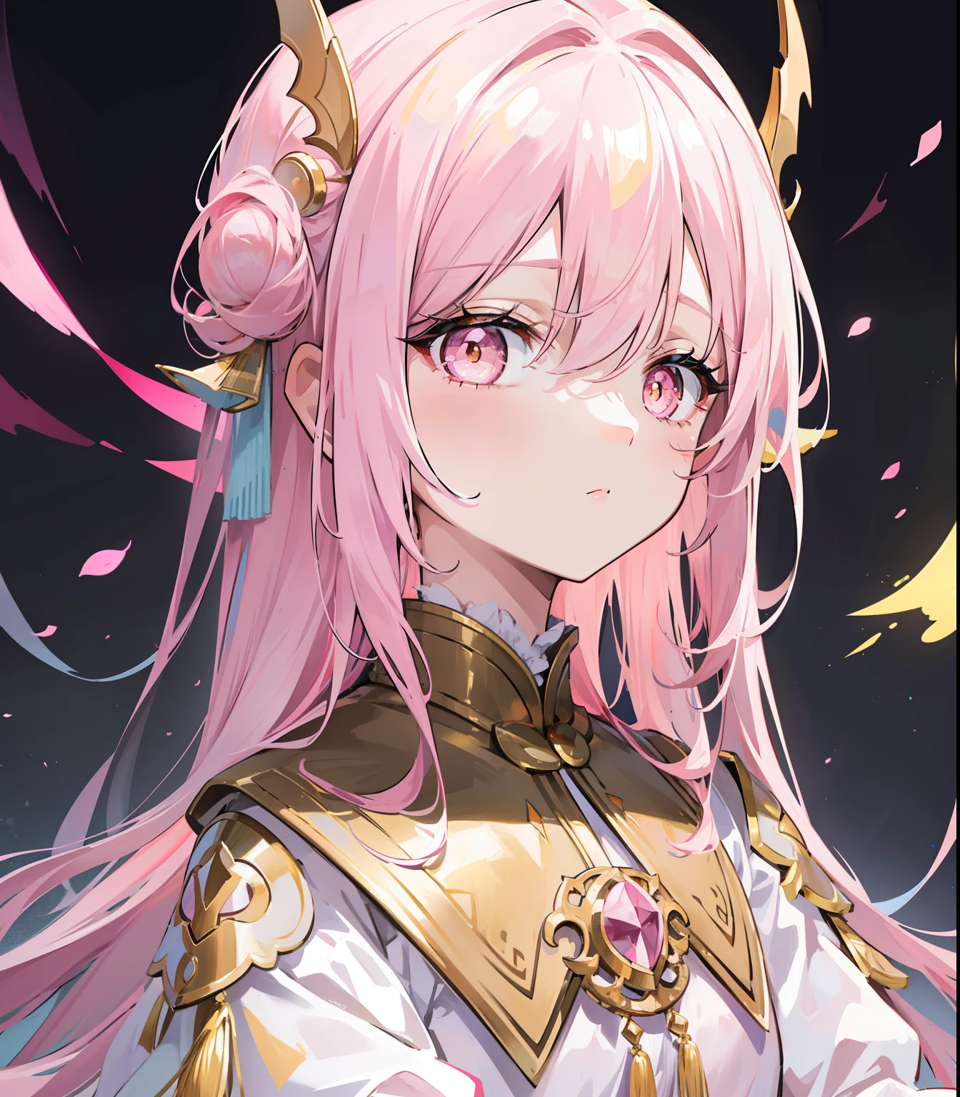 Long pink and white hair,Pink-white wings,Dark yellow pupils,Decorated with resplendent gold,Soft clothes that match white with yellow,She is a cute and sweet beautiful girl