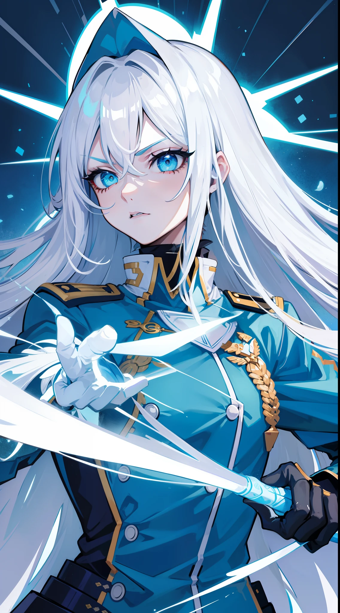 Adult woman, Long white hair, Cyan eyes, White general's uniform, spear, blue lipstick, anger, Masterpiece, hiquality