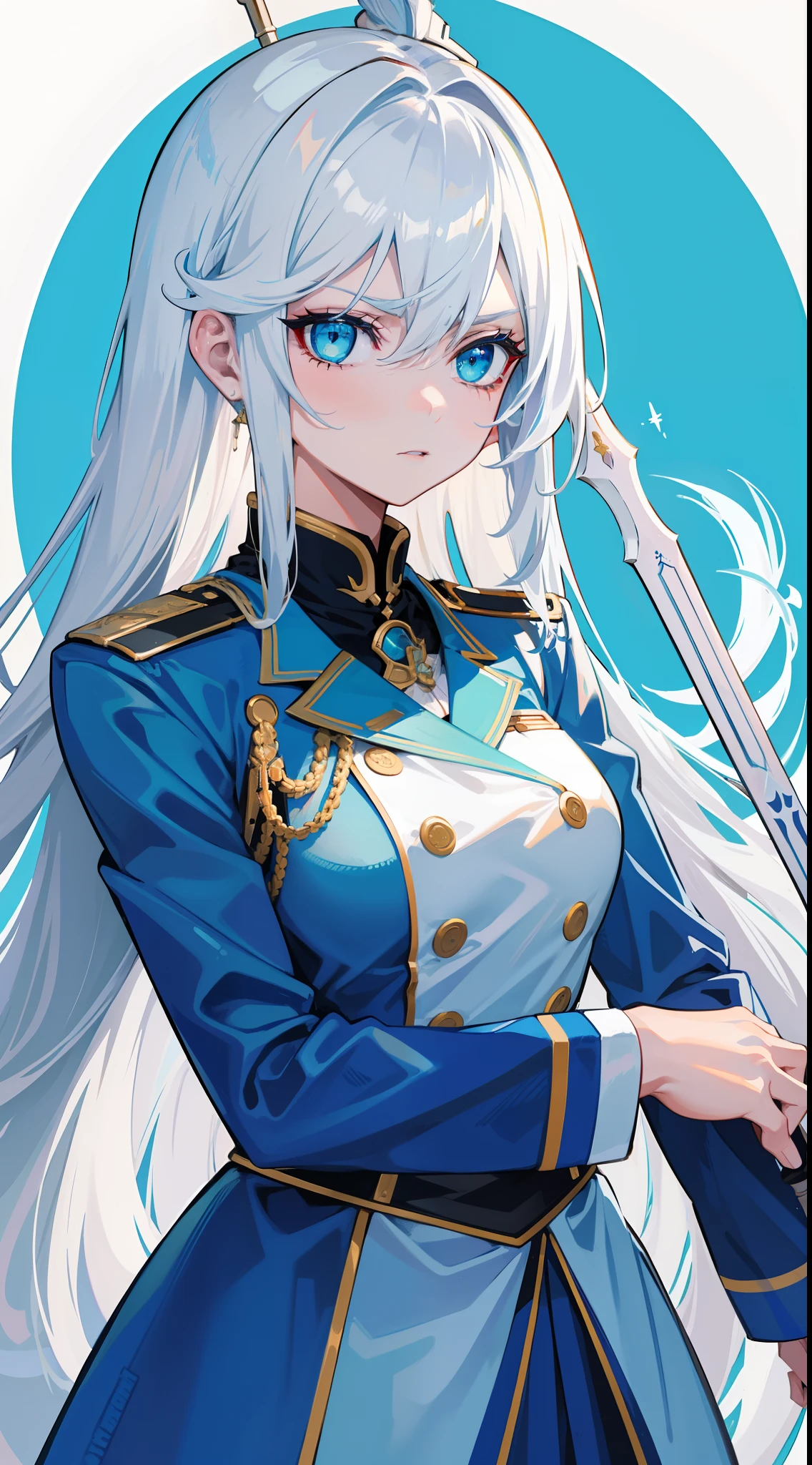 Adult woman, Long white hair, Cyan eyes, White general's uniform, spear, blue lipstick, anger, Masterpiece, hiquality
