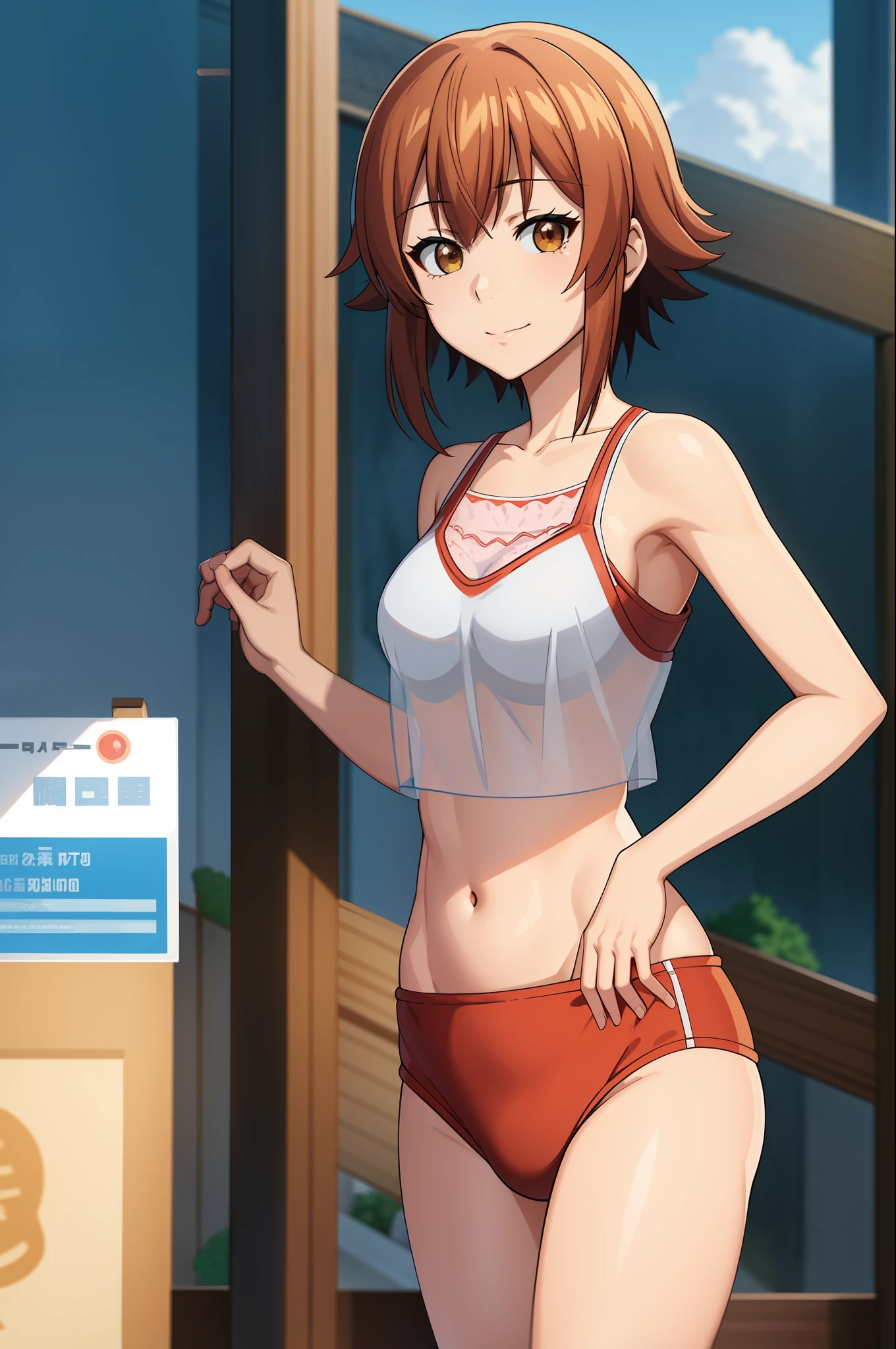 best quality, (masterpiece:1.2), highly detailed, standing, outdoors,
1girl, solo, kotegawa chisa,
looking at viewer, evil smile, closed mouth, upper body,
brown eyes, brown hair, short hair, off shoulder, navel, sleeveless, spat, see-through, sport bra, presenting armpit