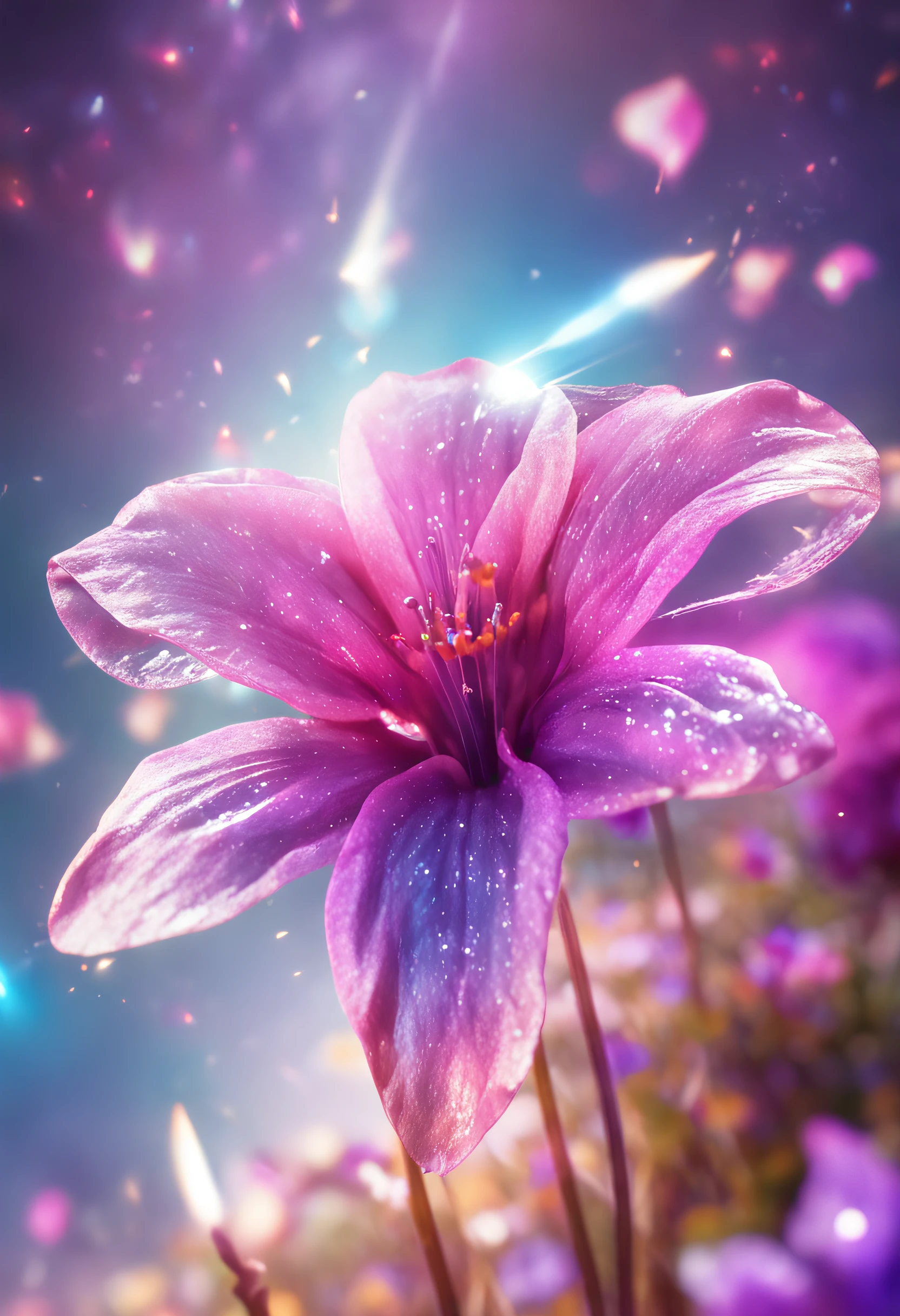 flor Hiper realista, da primavera, fantasia, galaxy, transparente, cintilante, cintilante, shining, colorido, magic photography, lighting dramatic, Foto realism, ultra-detalhado, 4k, profundidade de campo, alta resolução