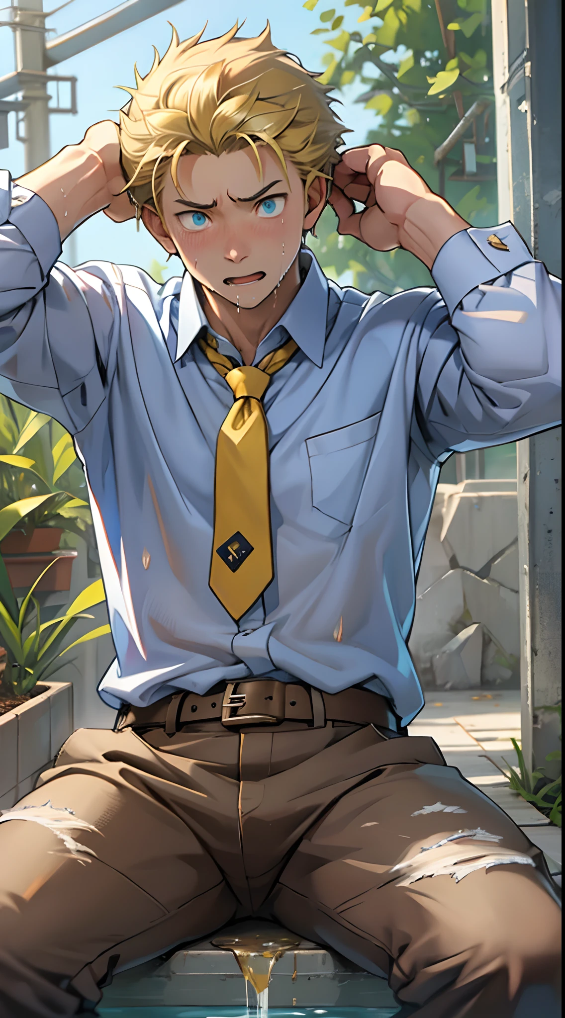 (1 Adult male),A high resolution, Sharp focus, Pixiv masterpiece, ((Complicated details)), highly detailed, natsuki_subaru, 1 man,perfect male figure,Urine on the trouser leg, Nervously bow your head,is shy,embarressed,exhilarated,is shocked,panicking,worry,A pool of urine formed around him,Very eager to pee,Unbearable,Wet yourself,Urine discharge,full bodyesbian,sit astride,Tired,decadent, blue color eyes(eyes glowing), Short yellow hair,Yellow long-sleeved shirt,Wear a tie,Wear a belt,trousers,perspire,Drenched,Get wet,pissing,urine flows down the pants,look from down