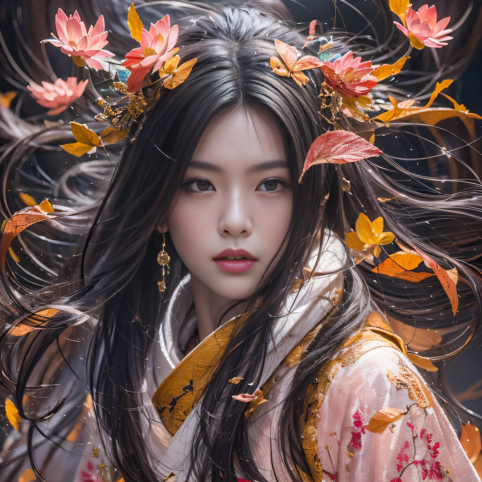 32K(tmasterpiece,k hd,hyper HD,32K)Long flowing black hair,ponds,zydink, a color, Asian people (Silly girl), (Silk scarf), Combat posture, looking at the ground, long whitr hair, Floating hair, Carp pattern headdress, Chinese long-sleeved bright orange clothing, (abstract ink splash:1.2), Pink petal background,Pink and white lotus flowers fly(realisticlying:1.4),Black color hair,Fallen leaves flutter,The background is pure, A high resolution, the detail, RAW photogr, Sharp Re, Nikon D850 Film Stock Photo by Jefferies Lee 4 Kodak Portra 400 Camera F1.6 shots, Rich colors, ultra-realistic vivid textures, Dramatic lighting, Unreal Engine Art Station Trend, cinestir 800,Long flowing black hair
