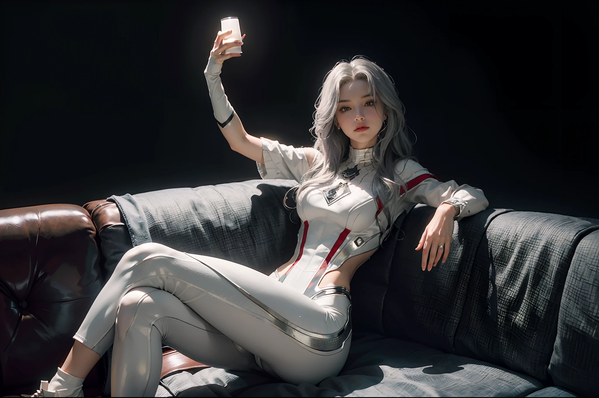 (Extreme Detail CG Unity 8K wallpaper, masterpiece, highest quality), (Exquisite lighting and shadow, highly dramatic picture, Cinematic lens effect), a girl in a white Spider-Man costume, silver gray hair color, from the Spider-Man parallel universe, Wenger, Marvel, Spider-Man, sitting on the couch, dynamic pose), (excellent detail, excellent lighting, wide angle), (excellent rendering, enough to stand out in its class), focus on white Spider-Man costumes, complex spider textures