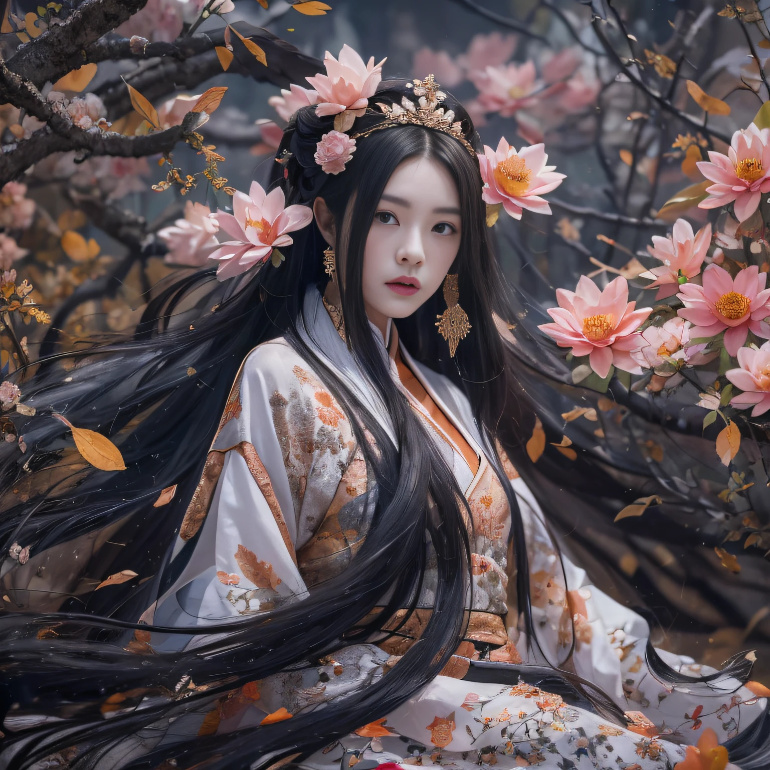 32K(tmasterpiece,k hd,hyper HD,32K)Long flowing black hair,ponds,zydink, a color, Asian people (Silly girl), (Silk scarf), Combat posture, looking at the ground, long whitr hair, Floating hair, Carp pattern headdress, Chinese long-sleeved bright orange clothing, (abstract ink splash:1.2), Pink petal background,Pink and white lotus flowers fly(realisticlying:1.4),Black color hair,Fallen leaves flutter,The background is pure, A high resolution, the detail, RAW photogr, Sharp Re, Nikon D850 Film Stock Photo by Jefferies Lee 4 Kodak Portra 400 Camera F1.6 shots, Rich colors, ultra-realistic vivid textures, Dramatic lighting, Unreal Engine Art Station Trend, cinestir 800,Long flowing black hair