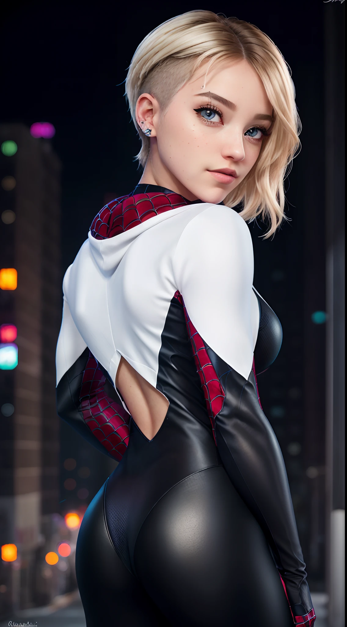 (masterpiece), ((best quality)), parted lips, arms crossed, light_smile, cinematic lighting, ultra-realistic, ((realistic)), (gwen_stacy), blonde_hair, short_hair, solo, sidecut, asymmetrical_hair, parted_lips, eyebrow_piercing, (detailed face), beautiful 1girl, 1girl, looking at viewer, (beautiful detailed eyes), bodysuit, spider-suit, white sweater, portrait, upper_body, (side of head shaved), (large breasts), ((shot from behind))