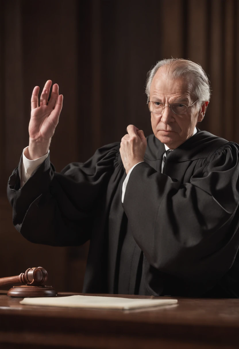 Create an image of a judge sitting in a courtroom with a stern face and appearing to be ranting at someone. The Judge looks angry and has a hammer in his hand.